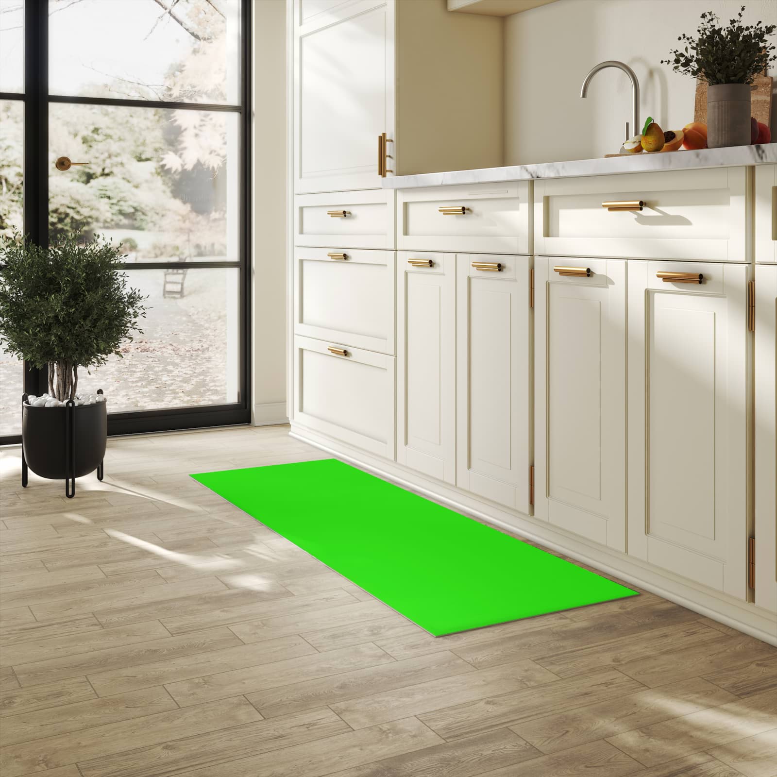 Rutschfester Küchenläufer mit neongrünem Hintergrund in der Küche, langlebig