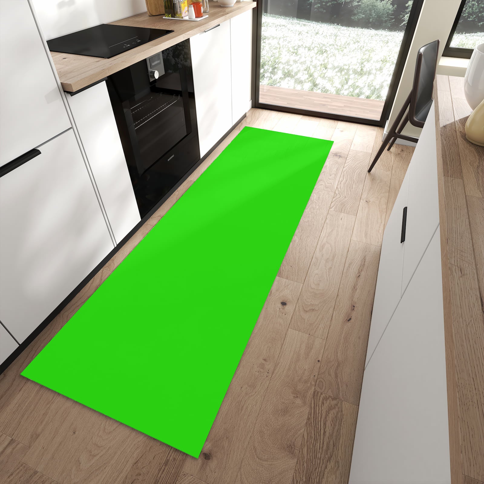 Küchenläufer mit neongrünem Hintergrund in moderner Küche, angenehme Haptik