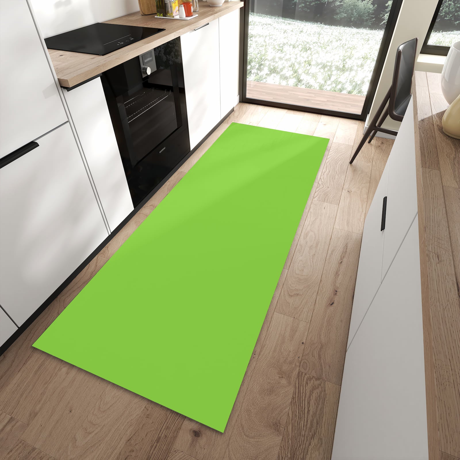Waschbarer Küchenläufer mit hellgrünem Hintergrund in moderner Küche, einfache Reinigung