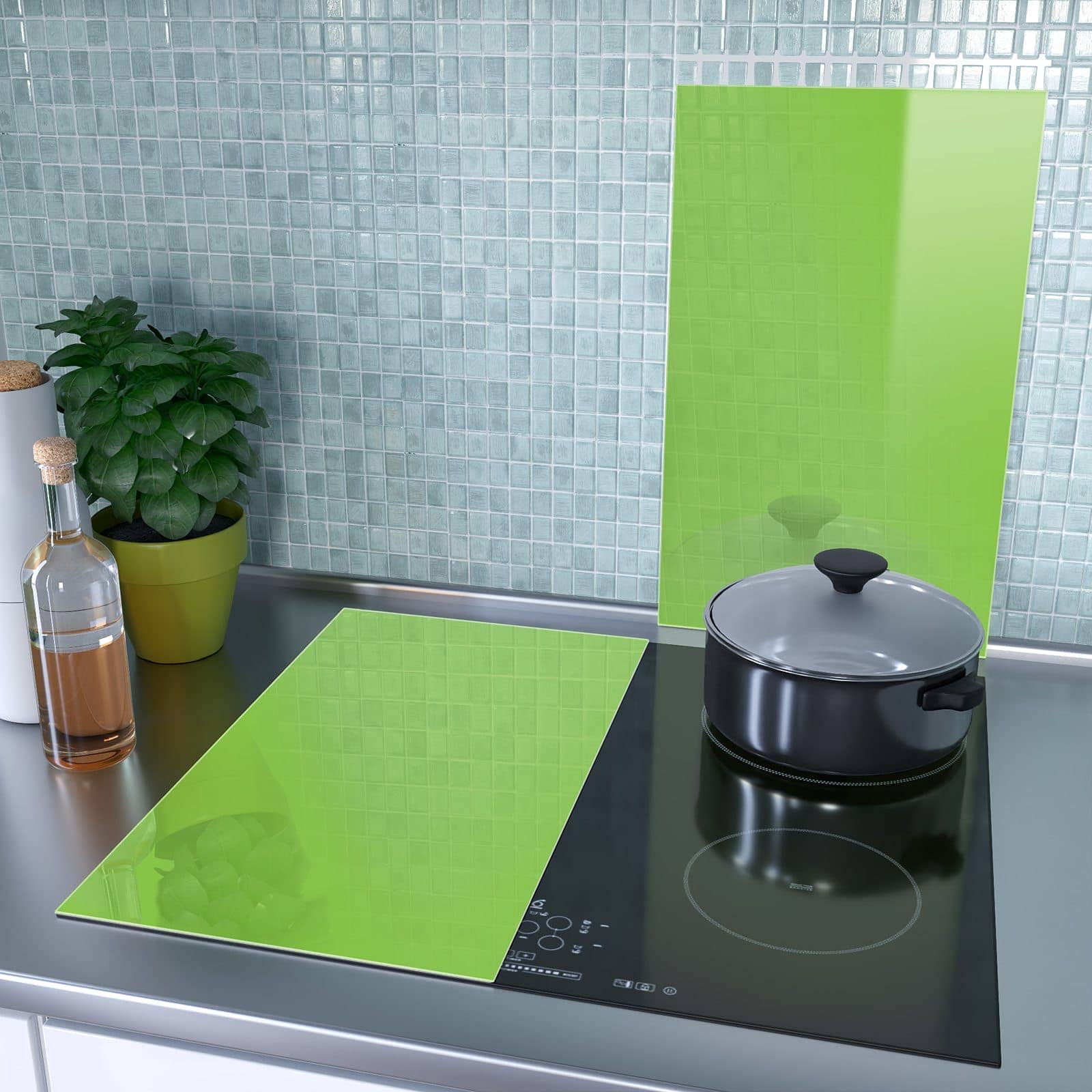 2-teilige Herdabdeckplatte für Ceranfeld mit Hellgrüner Hintergrund-Motiv als Spritzschutz hinter dem Kochfeld