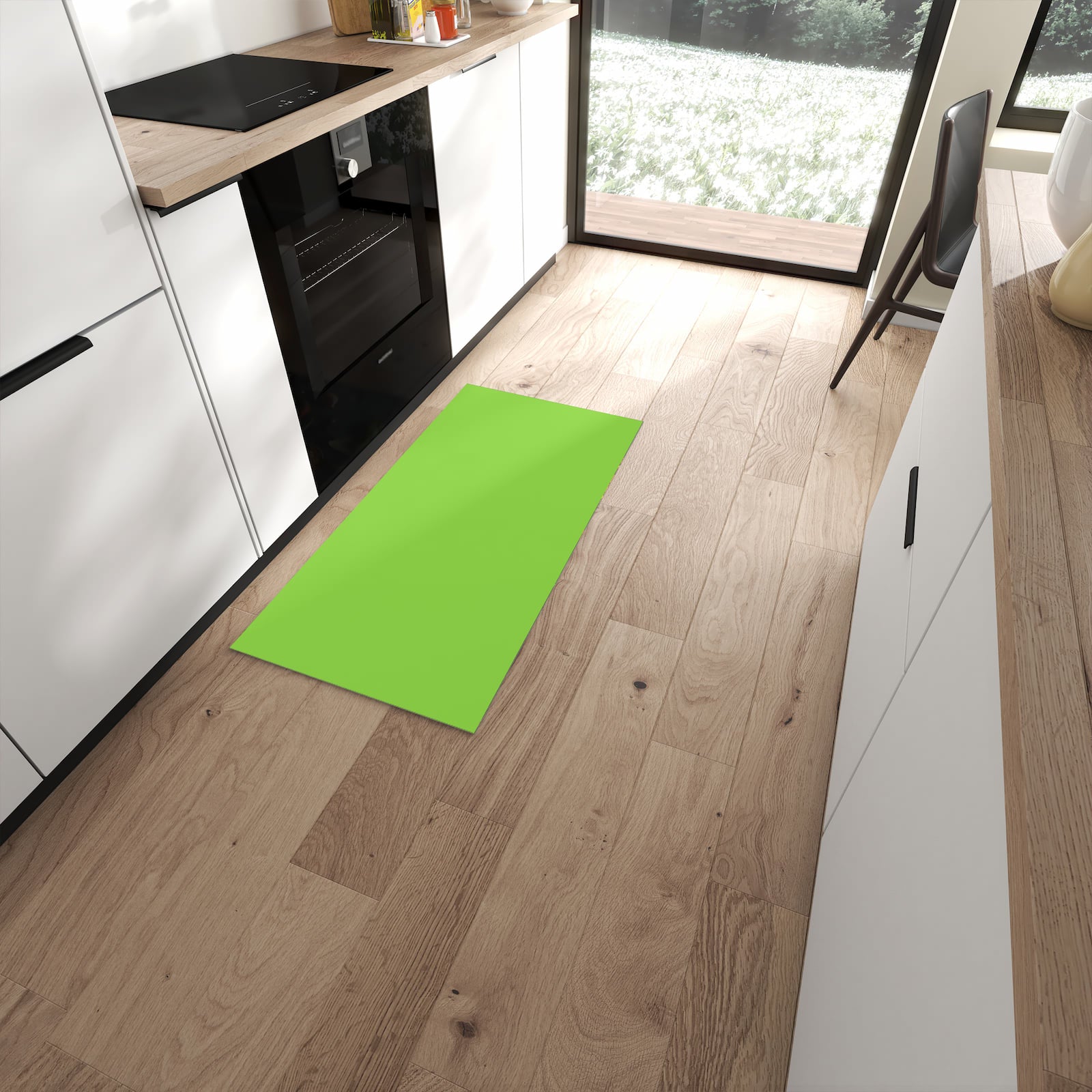 Rutschfester Teppich mit hellgrünem Hintergrund-Motiv in moderner Küche, waschbar #grösse_60 x 120 cm