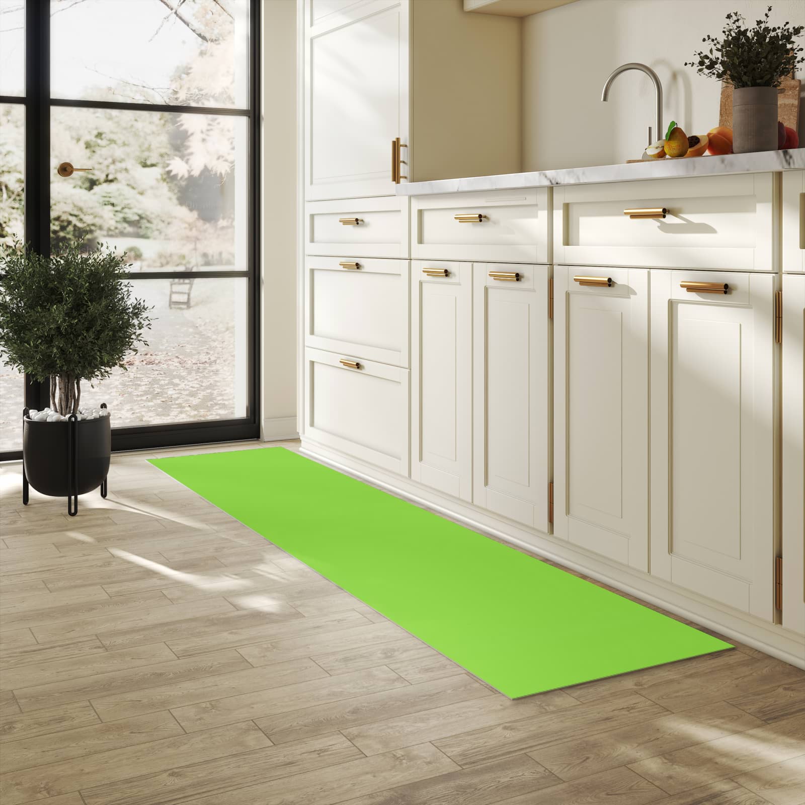 Flacher moderner Küchenläufer mit hellgrünem Hintergrund-Motiv in der Küche