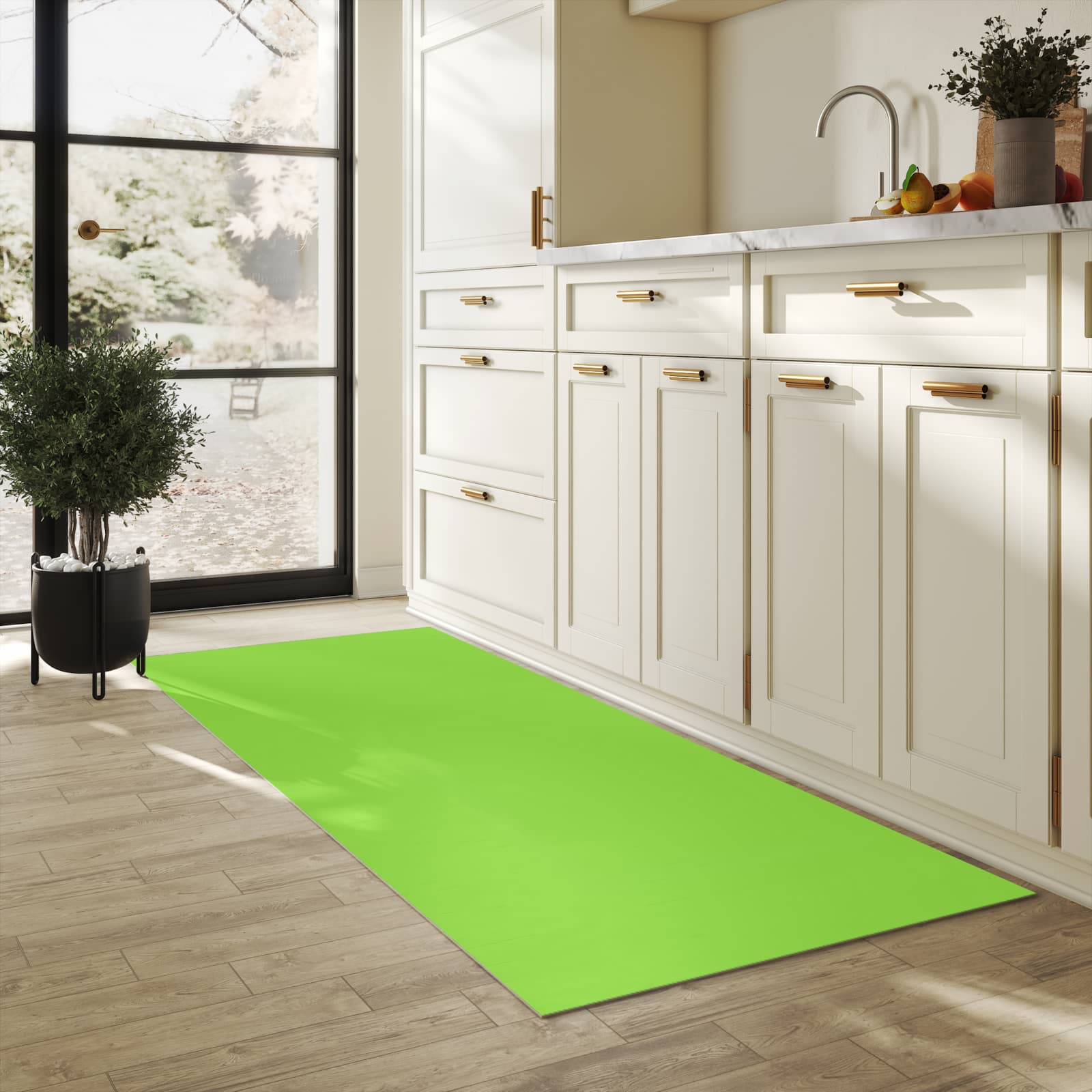 UV-beständiger Küchenläufer mit hellgrünem Hintergrund-Motiv in der Küche