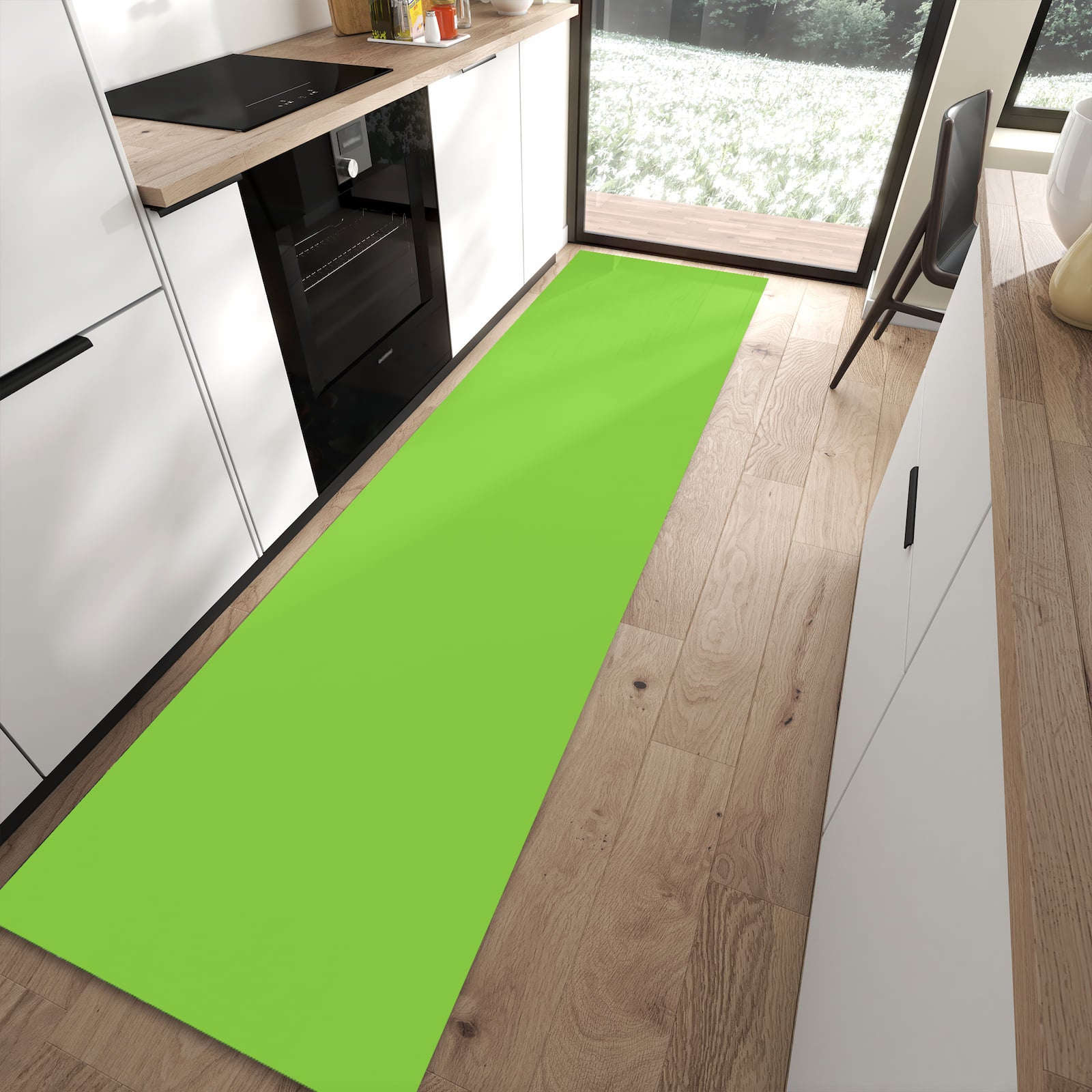 Wasserabweisender Küchenläufer mit hellgrünem Hintergrund-Motiv in moderner Küche