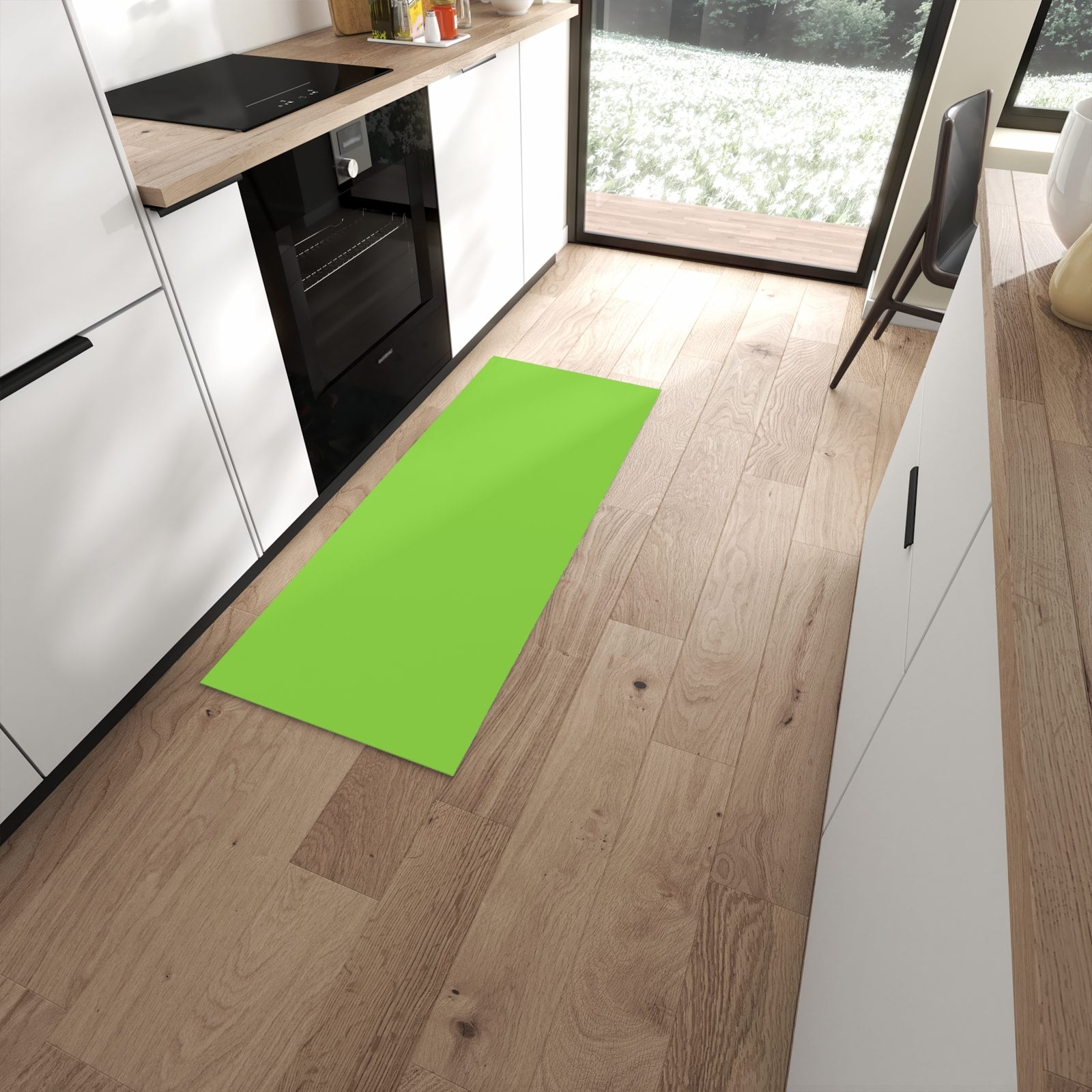 Grauer Küchenläufer mit hellgrünem Hintergrund-Motiv in moderner Küche, schützt den Boden #grösse_60 x 150 cm