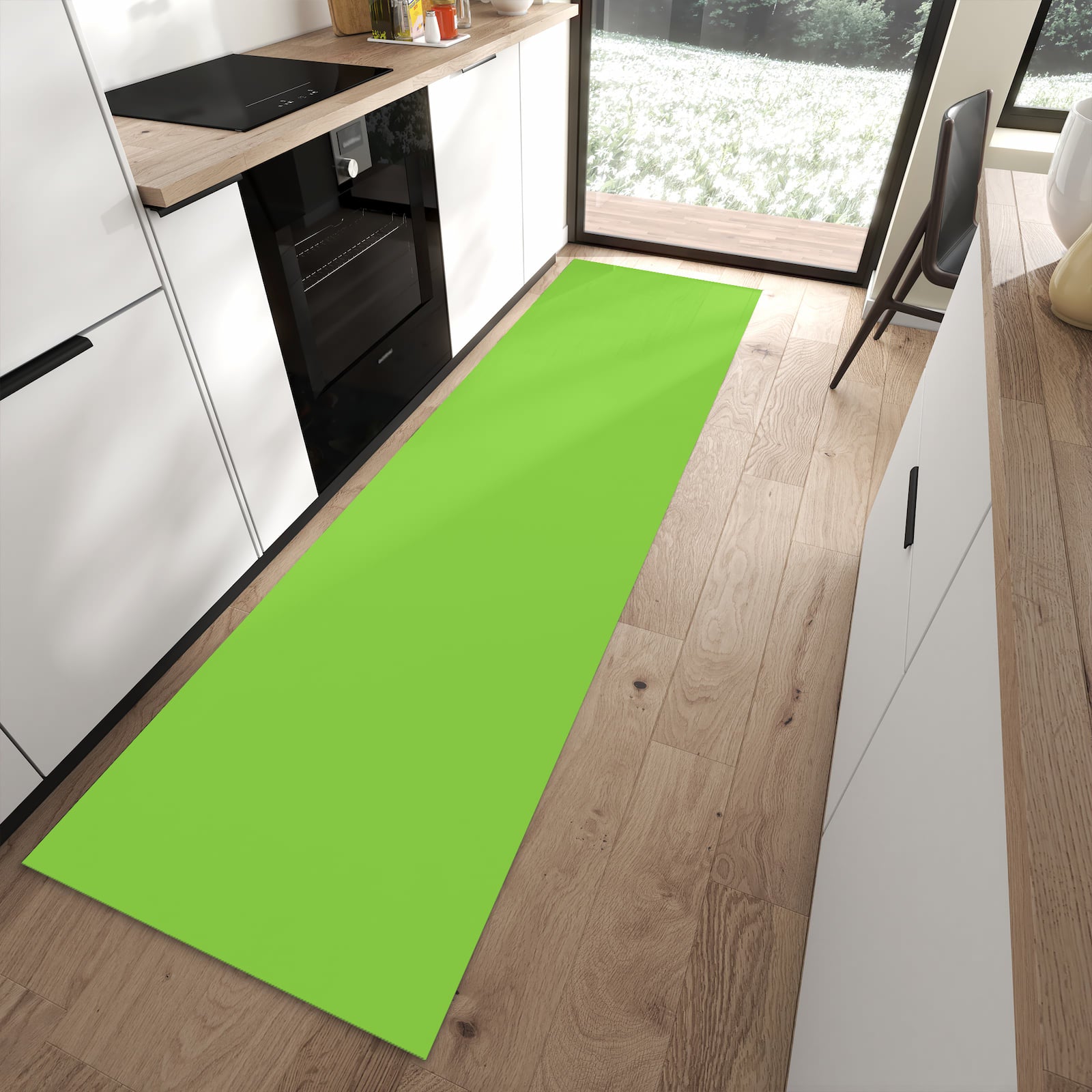Rutschfester Küchenläufer mit hellgrünem Hintergrund in moderner Küche, schmutzabweisend