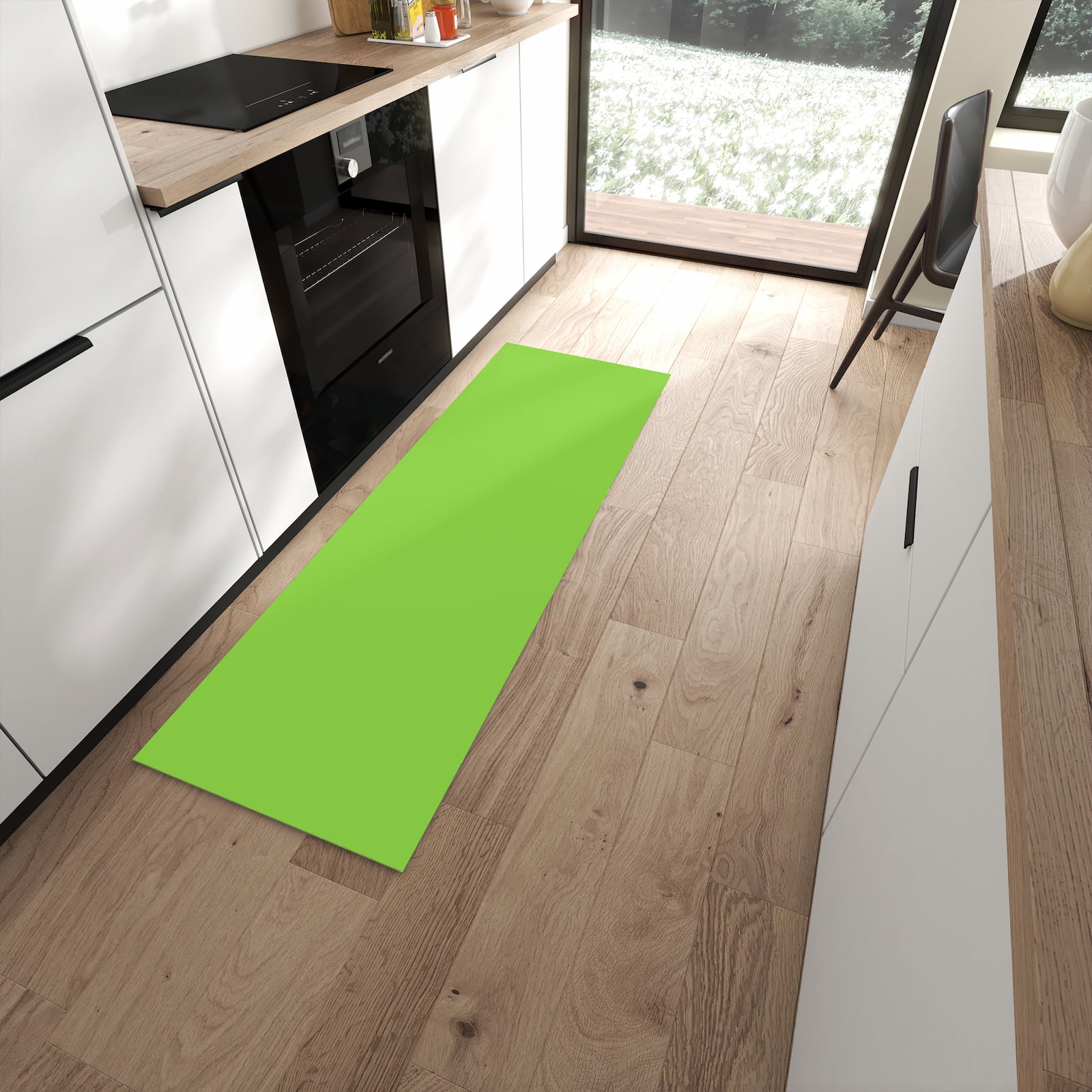 Rutschfester Küchenteppich mit hellgrünem Hintergrund in moderner Küche, angenehme Haptik