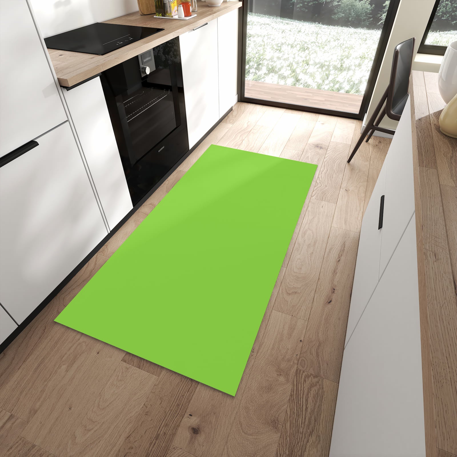 Waschbarer Küchenläufer mit hellgrünem Hintergrund-Motiv in moderner Küche, Trittkomfort