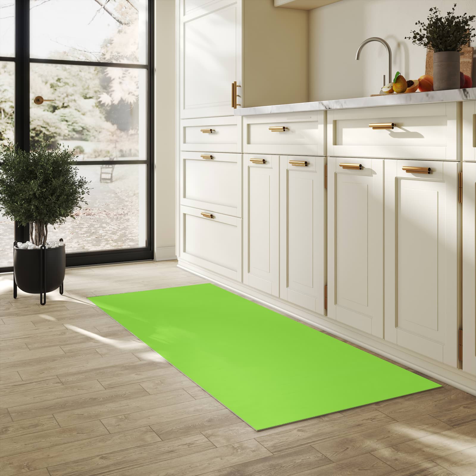 Küchenläufer mit hellgrünem Hintergrund-Motiv in der Küche, schützt den Boden
