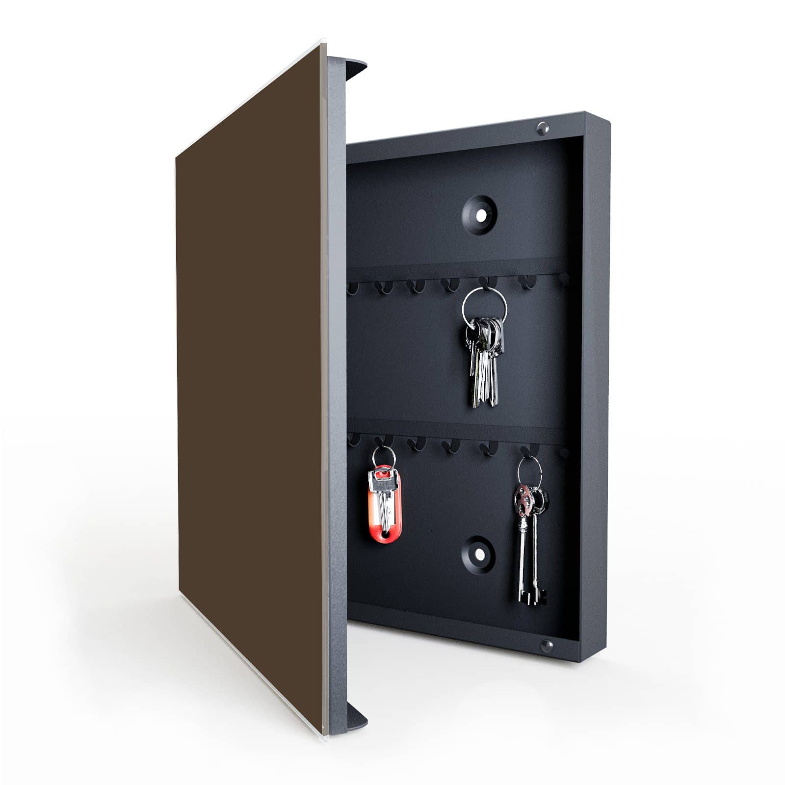 Pflegeleichter Schlüsselschrank mit Motiv Dunkelbrauner Hintergrund in geöffneter Innenansicht