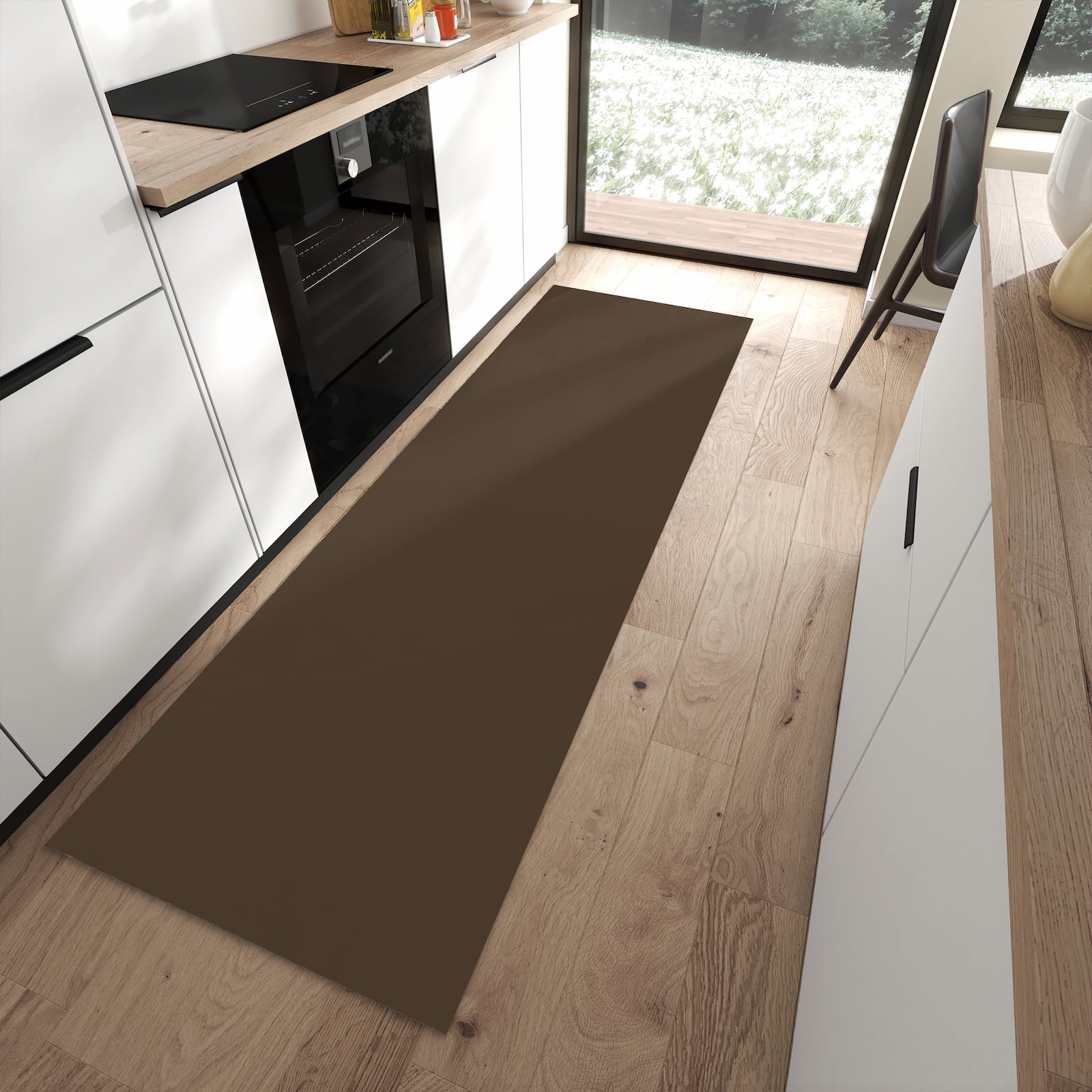 Großer Küchenteppich mit dunkelbraunem Hintergrund-Motiv in moderner Küche für Ordnung