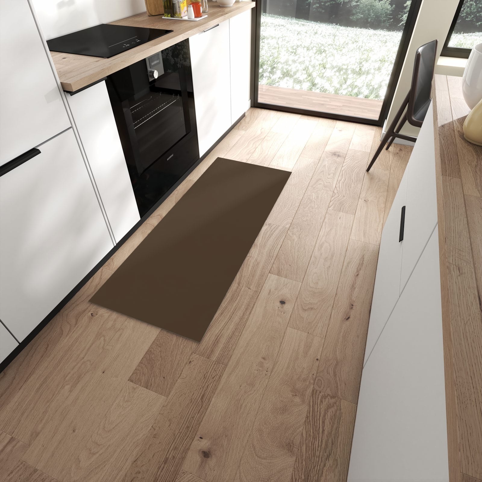 Fleckenresistenter Küchenteppich mit dunkelbraunem Hintergrund in moderner Küche #grösse_60 x 150 cm