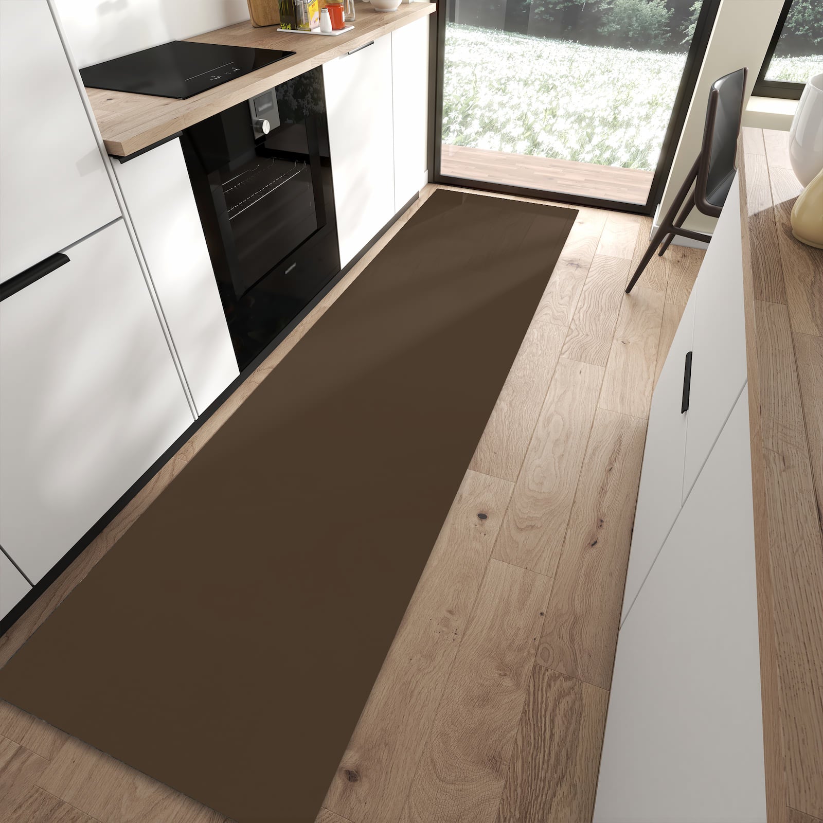 Waschbarer Küchenläufer mit dunkelbraunem Hintergrund-Motiv in moderner Küche