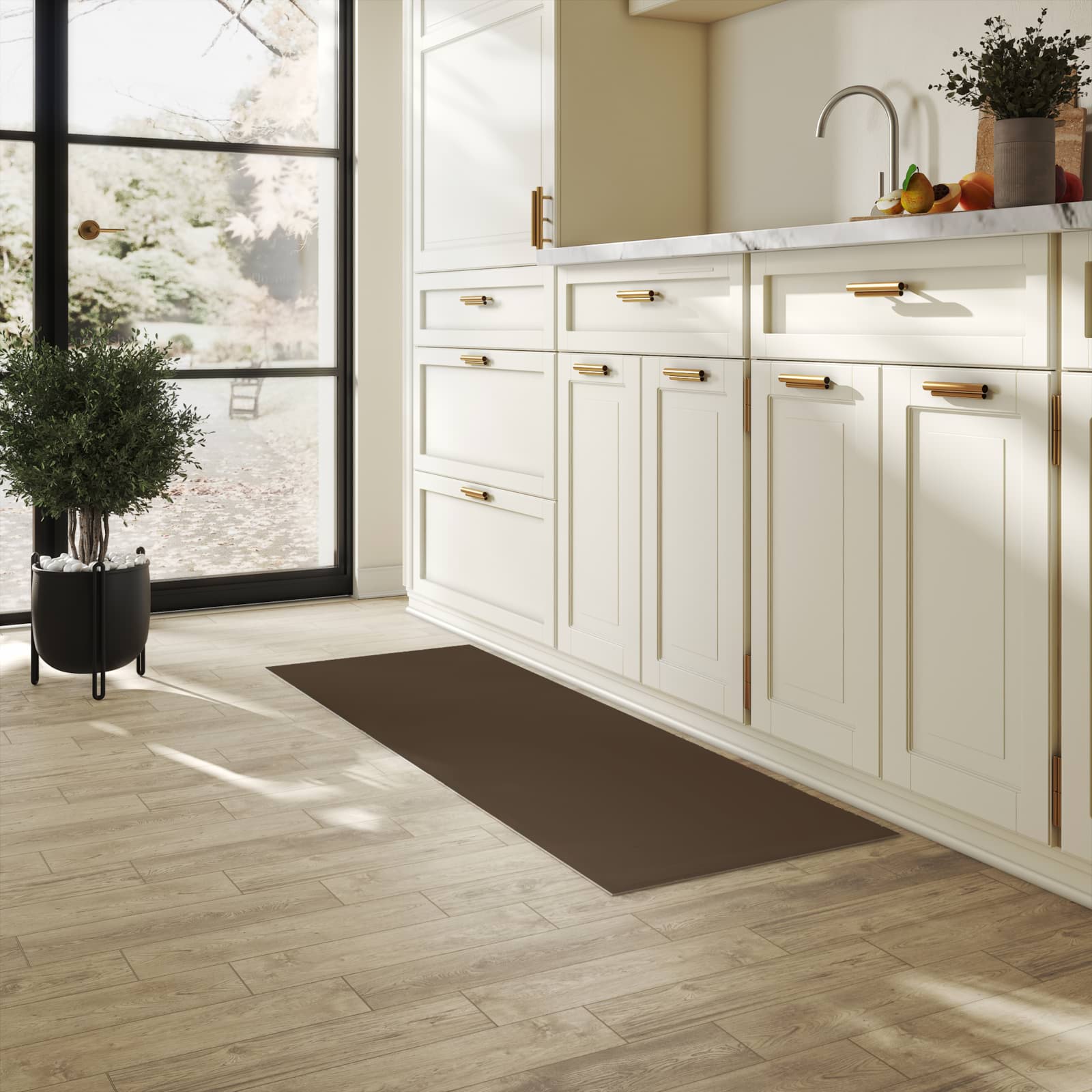 Grüner Küchenläufer mit dunkelbraunem Hintergrund-Motiv in der Küche, angenehme Haptik