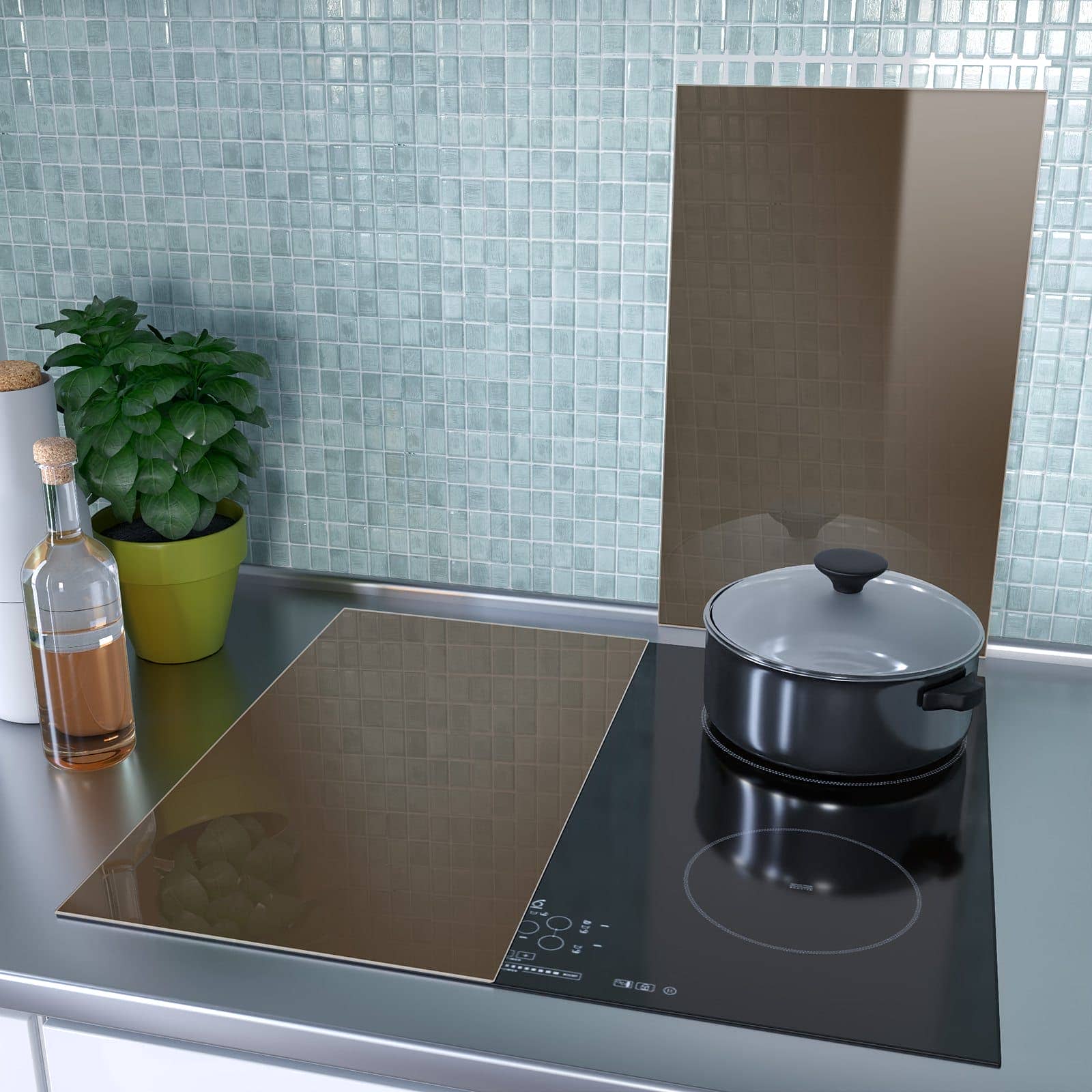 2-teilige Kochfeldabdeckung mit Dunkelbrauner Hintergrund-Motiv als Spritzschutz hinter dem Kochfeld