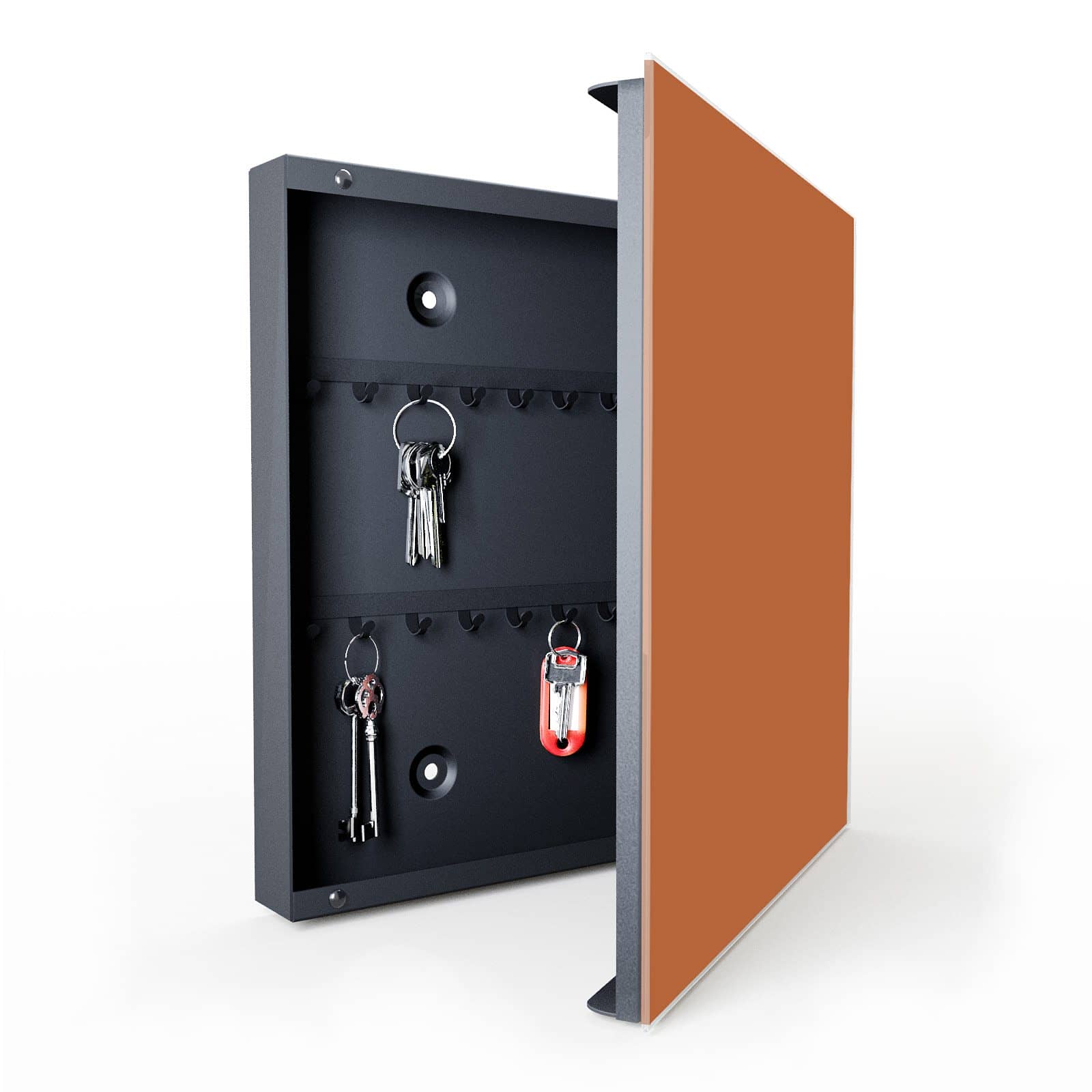 Robuster Schlüsselschrank mit Motiv Brauner Hintergrund in geöffneter Innenansicht