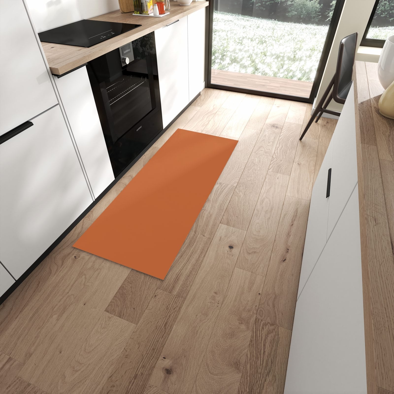 Waschbarer Küchenläufer mit braunem Hintergrund-Motiv in moderner Küche, komfortabel #grösse_60 x 150 cm