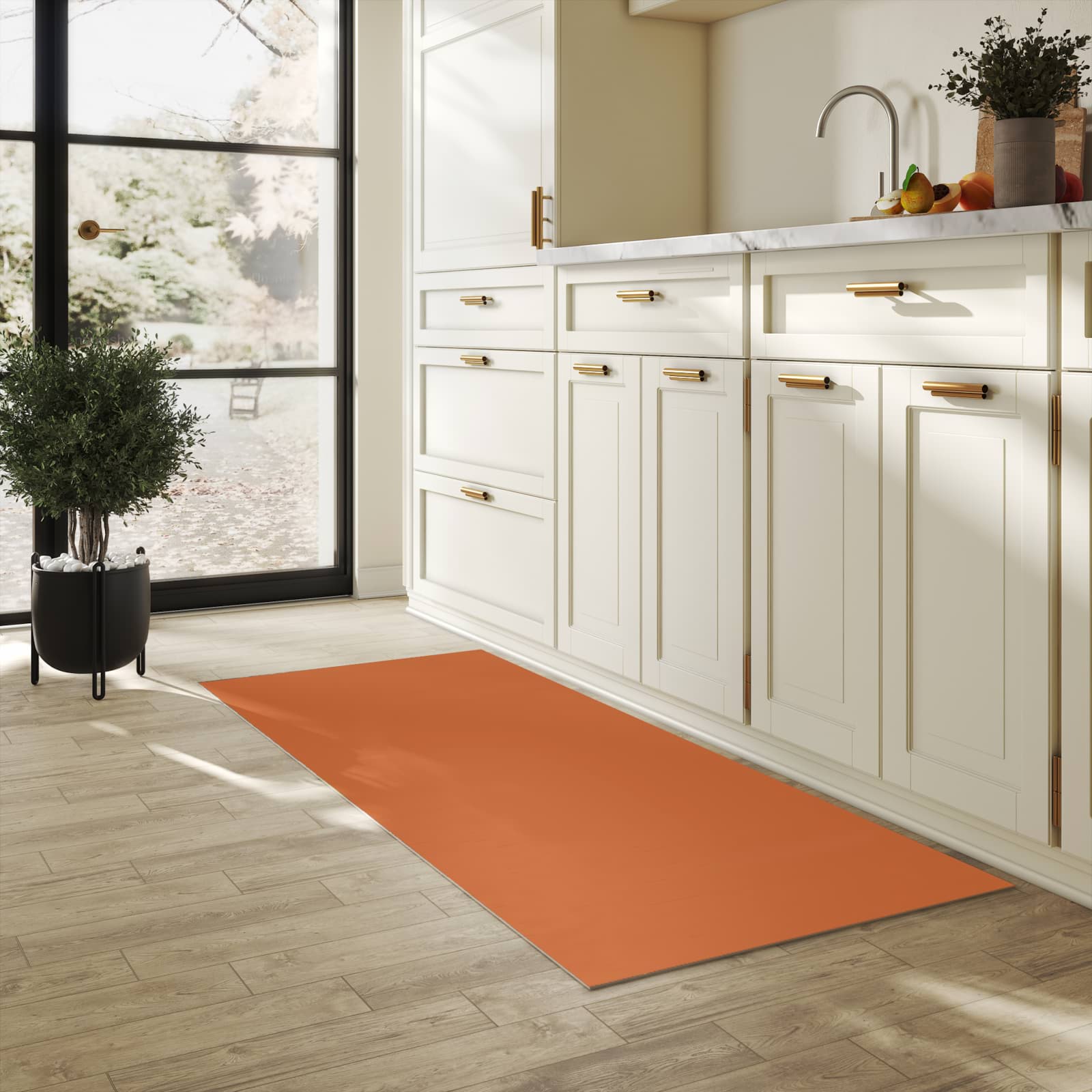 Komfortabler Läufer für die Küche mit brauner Hintergrund-Optik in der Küche