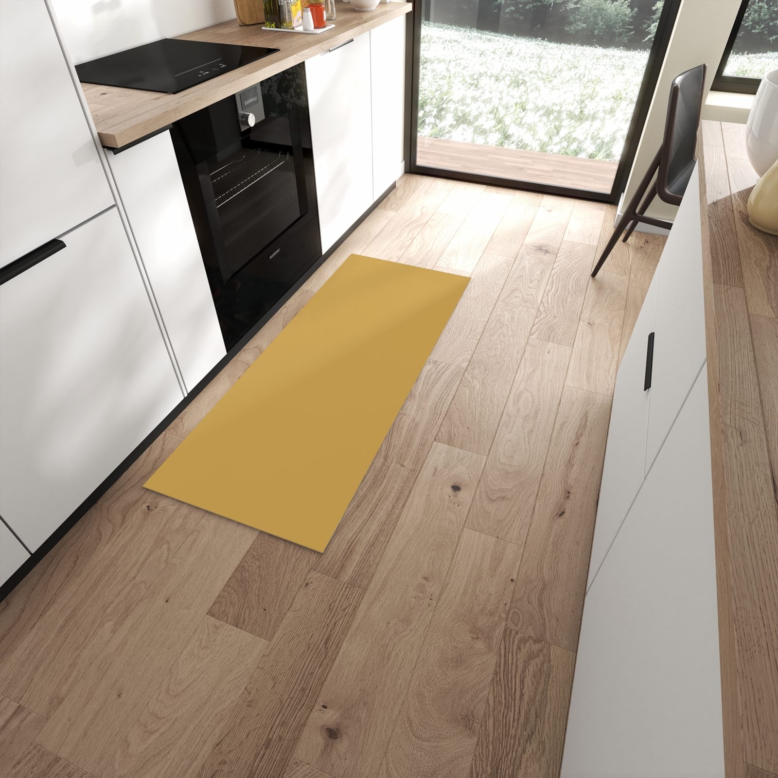 Küchenläufer mit khakibraunem Hintergrund in moderner Küche, zeitsparend in der Pflege #grösse_60 x 150 cm