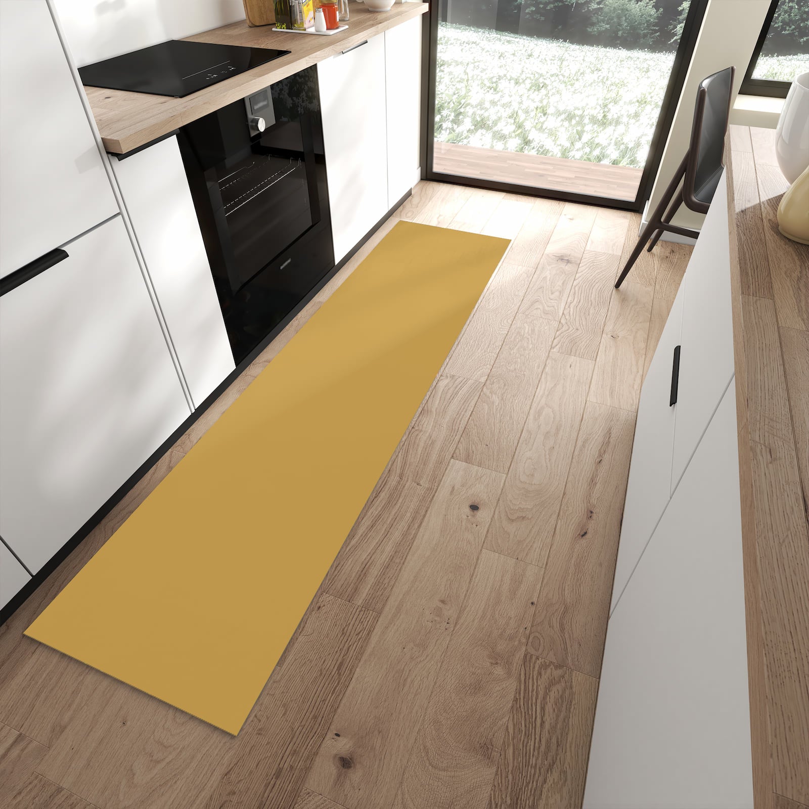 Waschbarer Küchenläufer mit khakibraunem Hintergrund in moderner Küche für mehr Komfort