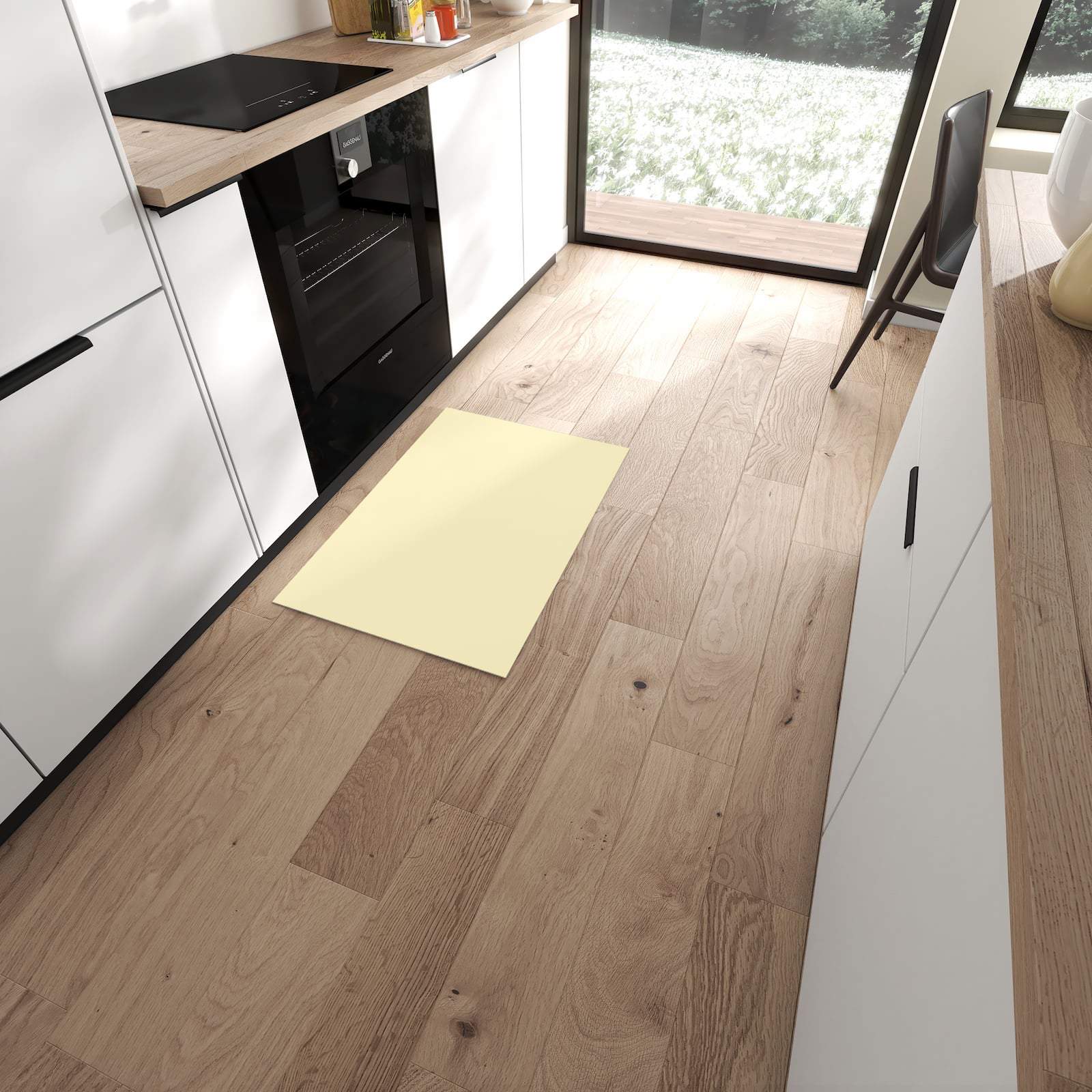 Rutschfester Küchenläufer mit beigem Hintergrund-Motiv in moderner Küche