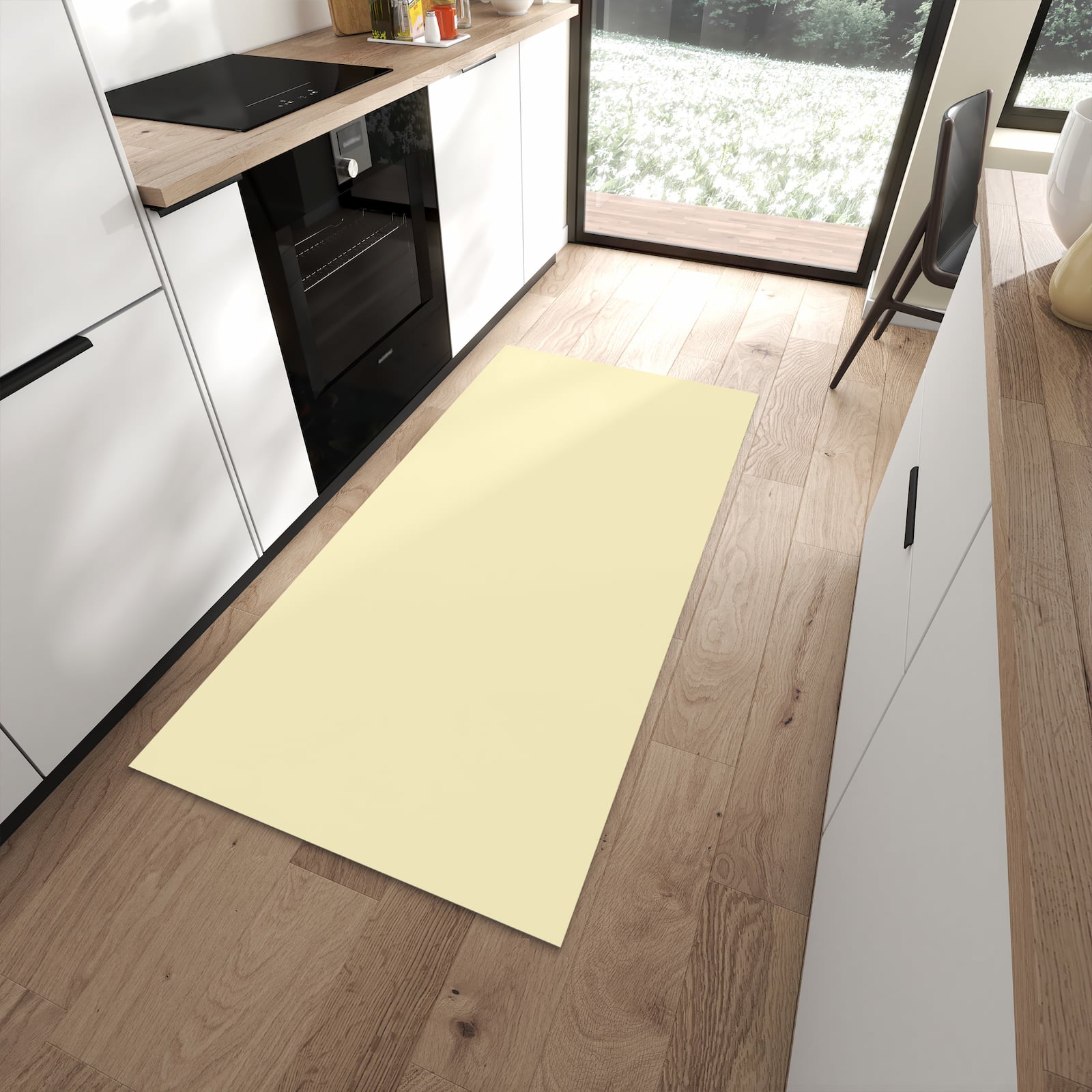 Grüner Küchenläufer mit beigem Hintergrund-Motiv in moderner Küche, sicher aufbewahren