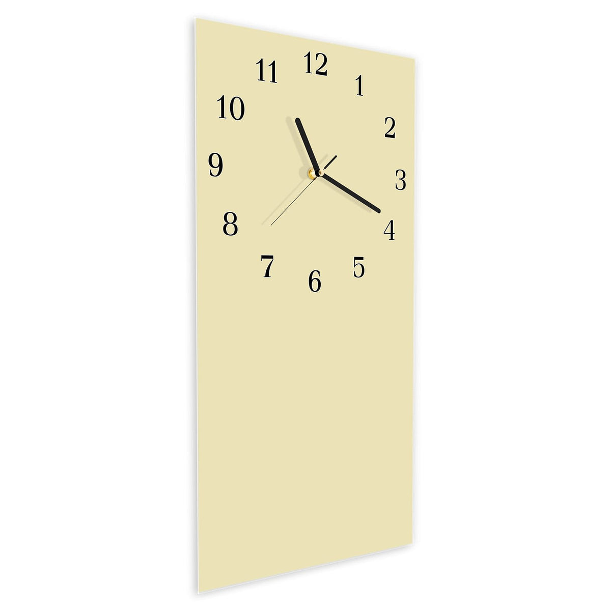 Wanduhr aus Glas im Hochformat Sandbeige schräg von der Seite, 4 mm starkes Glas