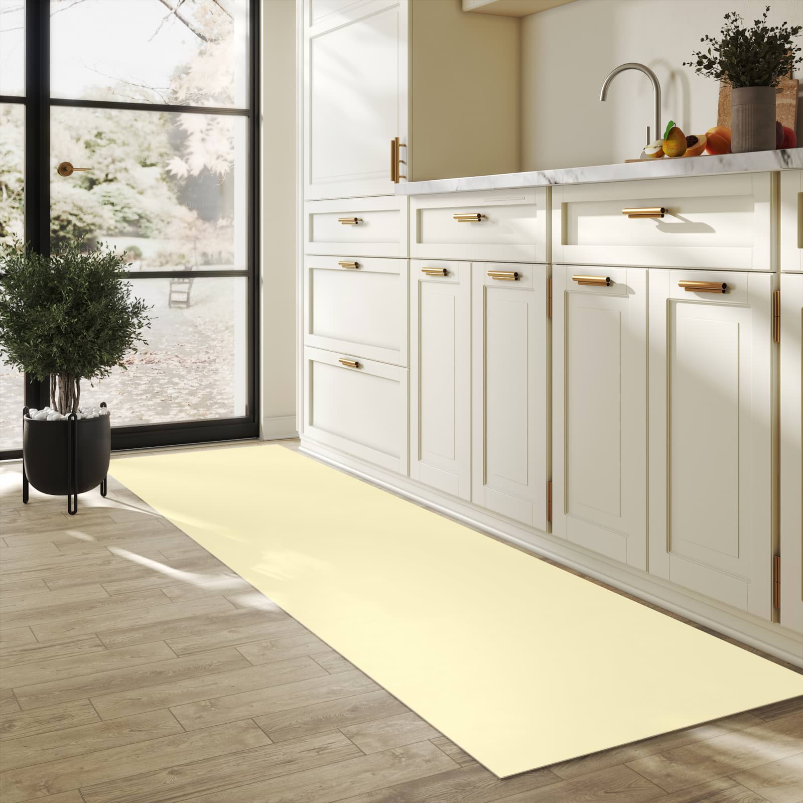 Flacher Küchenläufer mit beigem Hintergrund-Motiv in der Küche, rutschfest