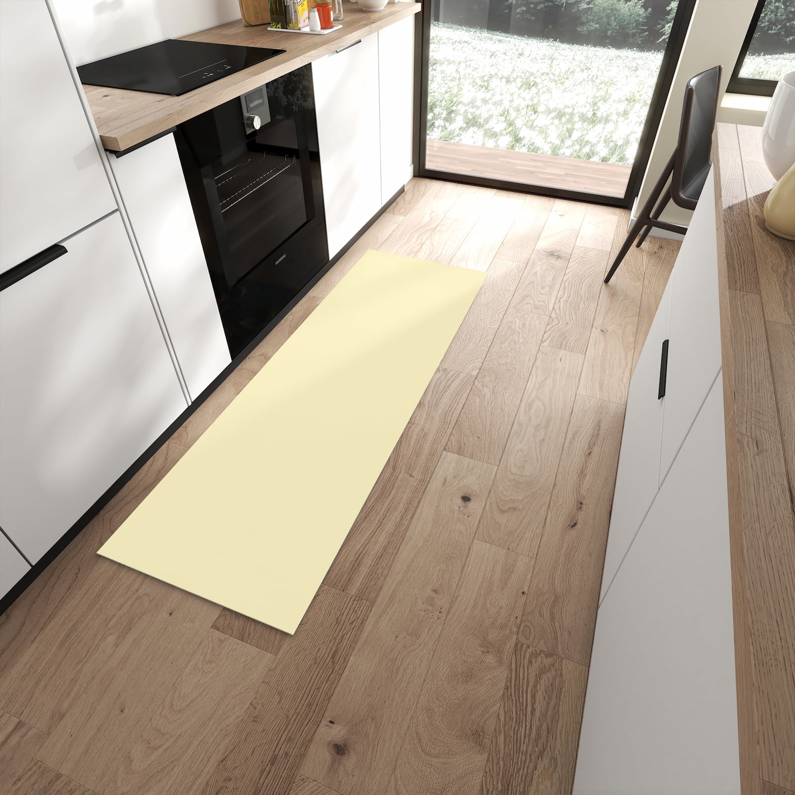 Waschbarer Küchenläufer mit beigem Hintergrund-Motiv in moderner Küche, farbbeständig