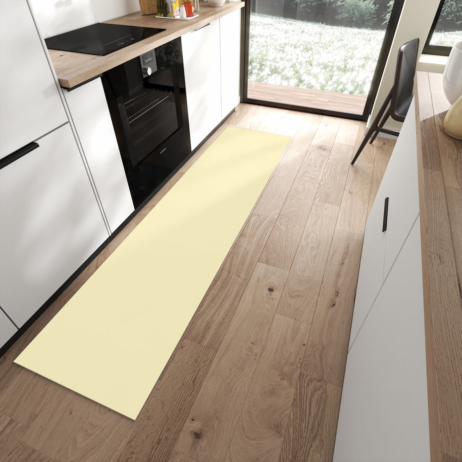 Rutschfester Küchenläufer mit beigem Hintergrund in moderner Küche, schützt Boden