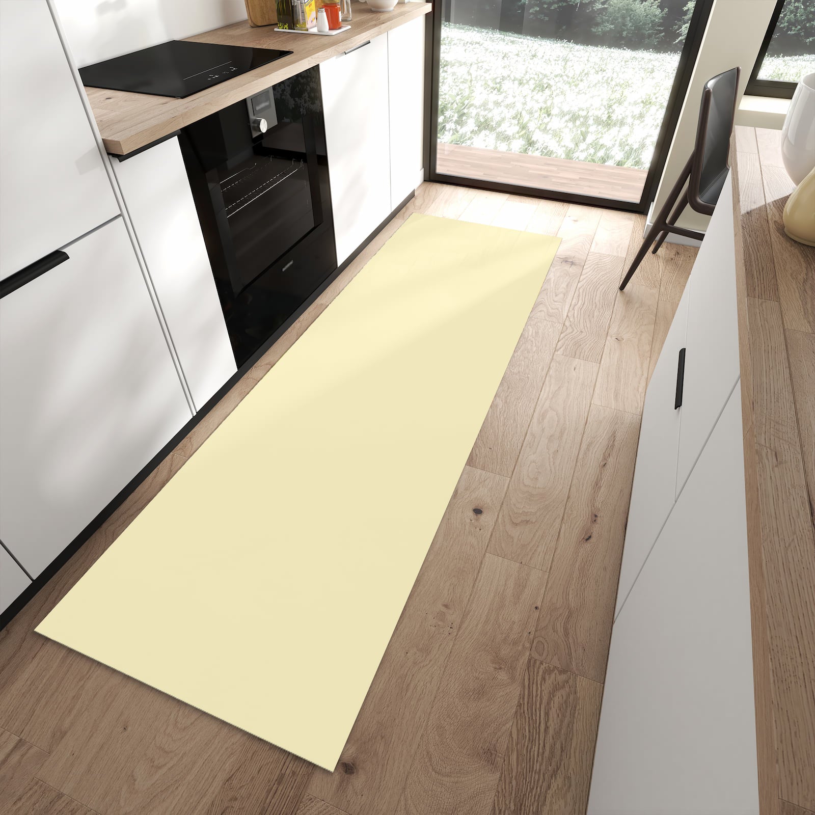 Moderner Küchenläufer mit beigem Hintergrund-Motiv in moderner Küche, angenehme Haptik