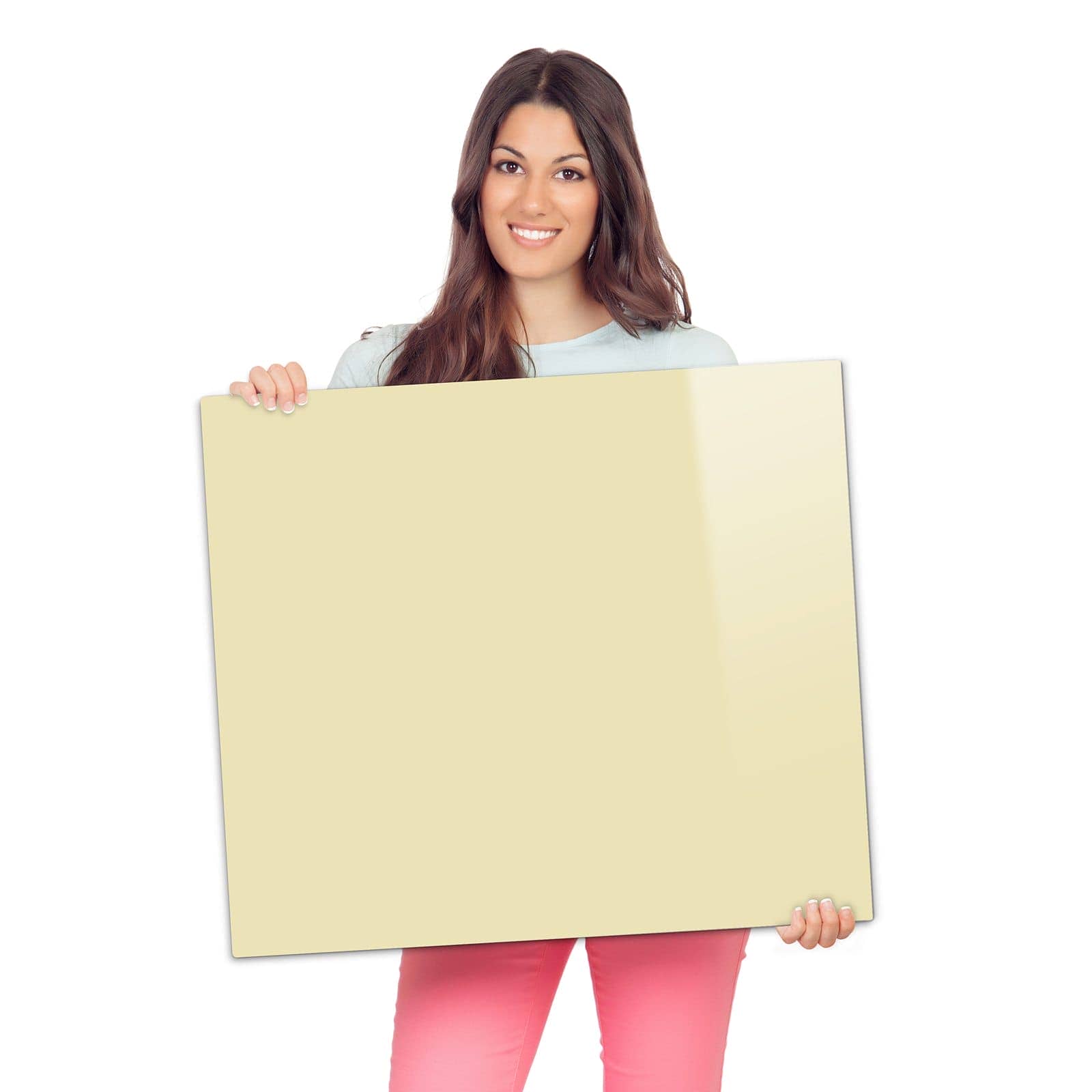 Herdabdeckplatte aus Glas mit Beiger Hintergrund-Motiv wird zur Größendarstellung gehalten