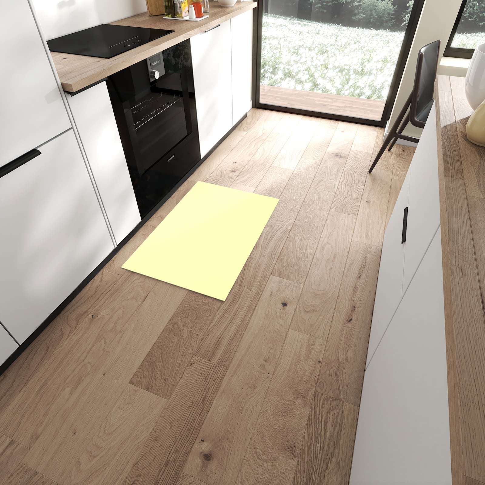 Grüner Küchenläufer mit cremefarbenem Hintergrund-Motiv in moderner Küche, UV-beständig