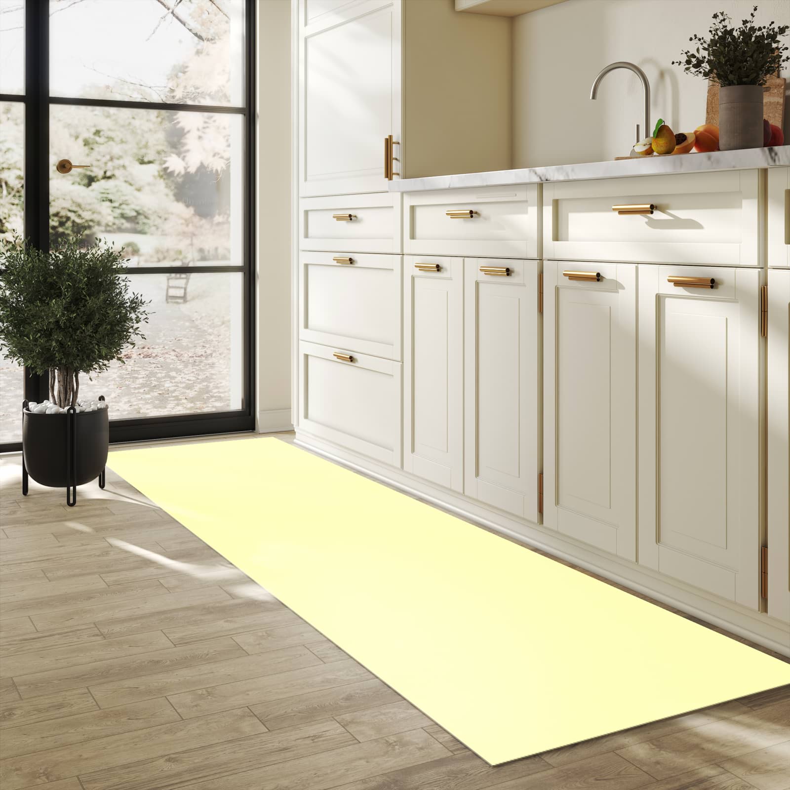Bodenschonender Küchenläufer mit cremefarbenem Hintergrund-Motiv in der Küche, waschbar