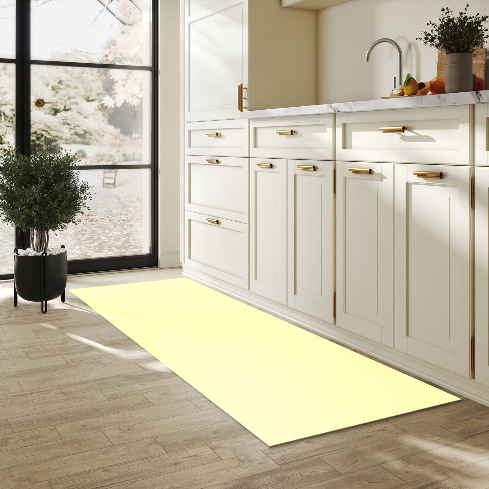 Dünner Küchenläufer mit cremefarbenem Hintergrund-Motiv in der Küche, angenehme Haptik