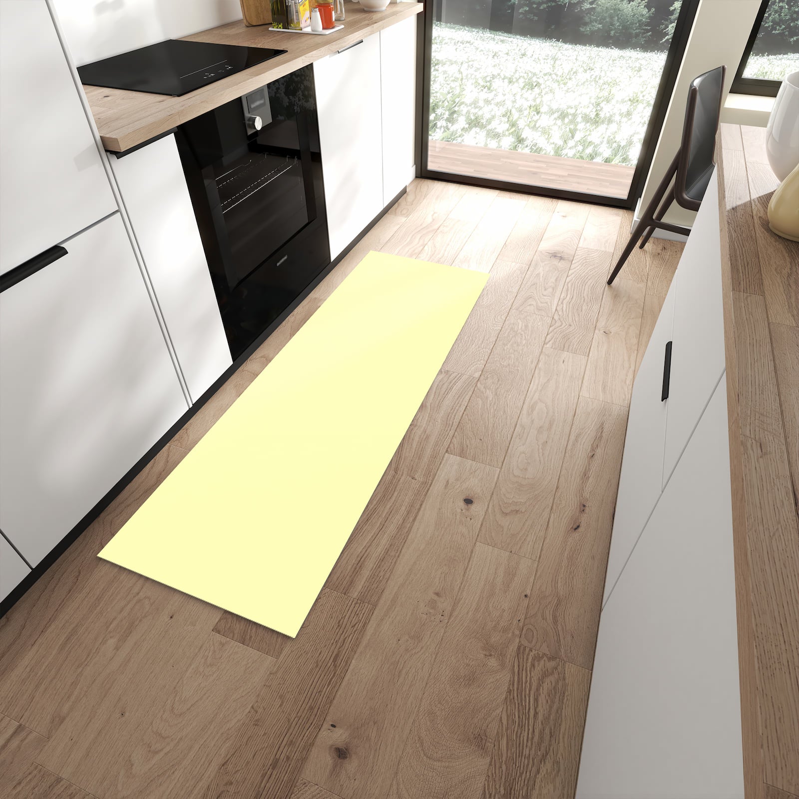 Waschbarer Küchenläufer mit cremefarbenem Hintergrund in moderner Küche, angenehme Haptik