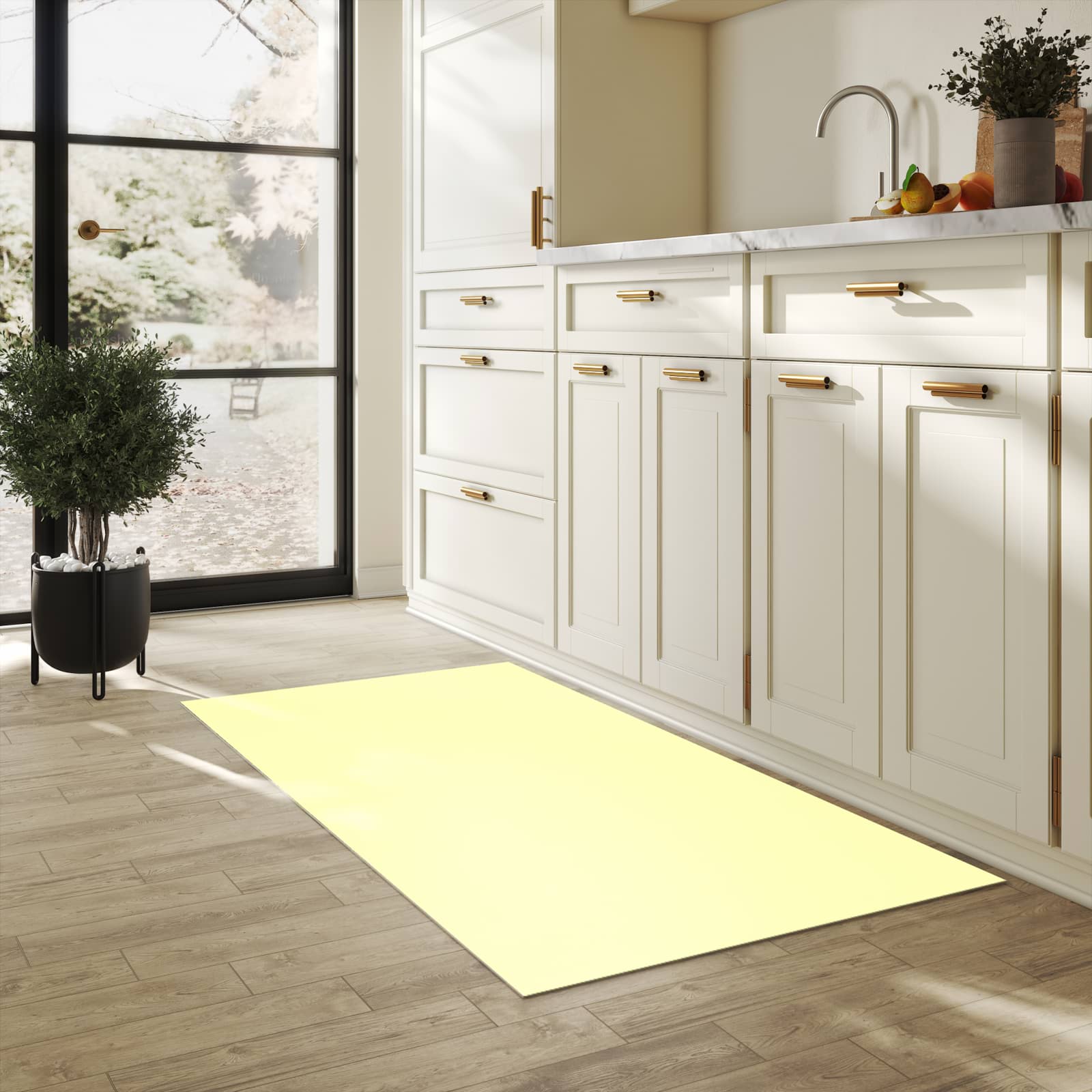 Grauer Küchenläufer mit cremefarbenem Hintergrund-Motiv in der Küche, sicher aufbewahren