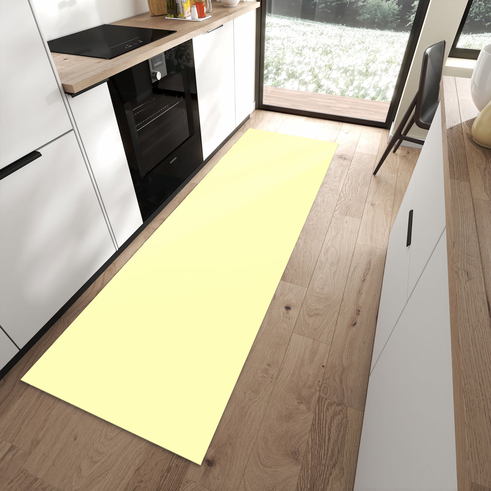 Geruchsneutraler Küchenläufer mit cremefarbenem Hintergrund-Motiv in moderner Küche