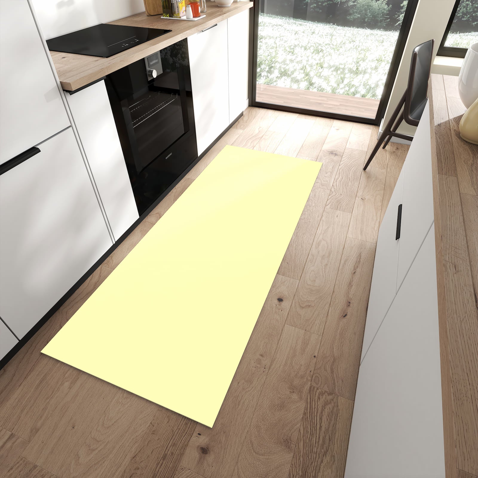 Abwaschbarer Küchenläufer mit cremefarbenem Hintergrund-Motiv in moderner Küche