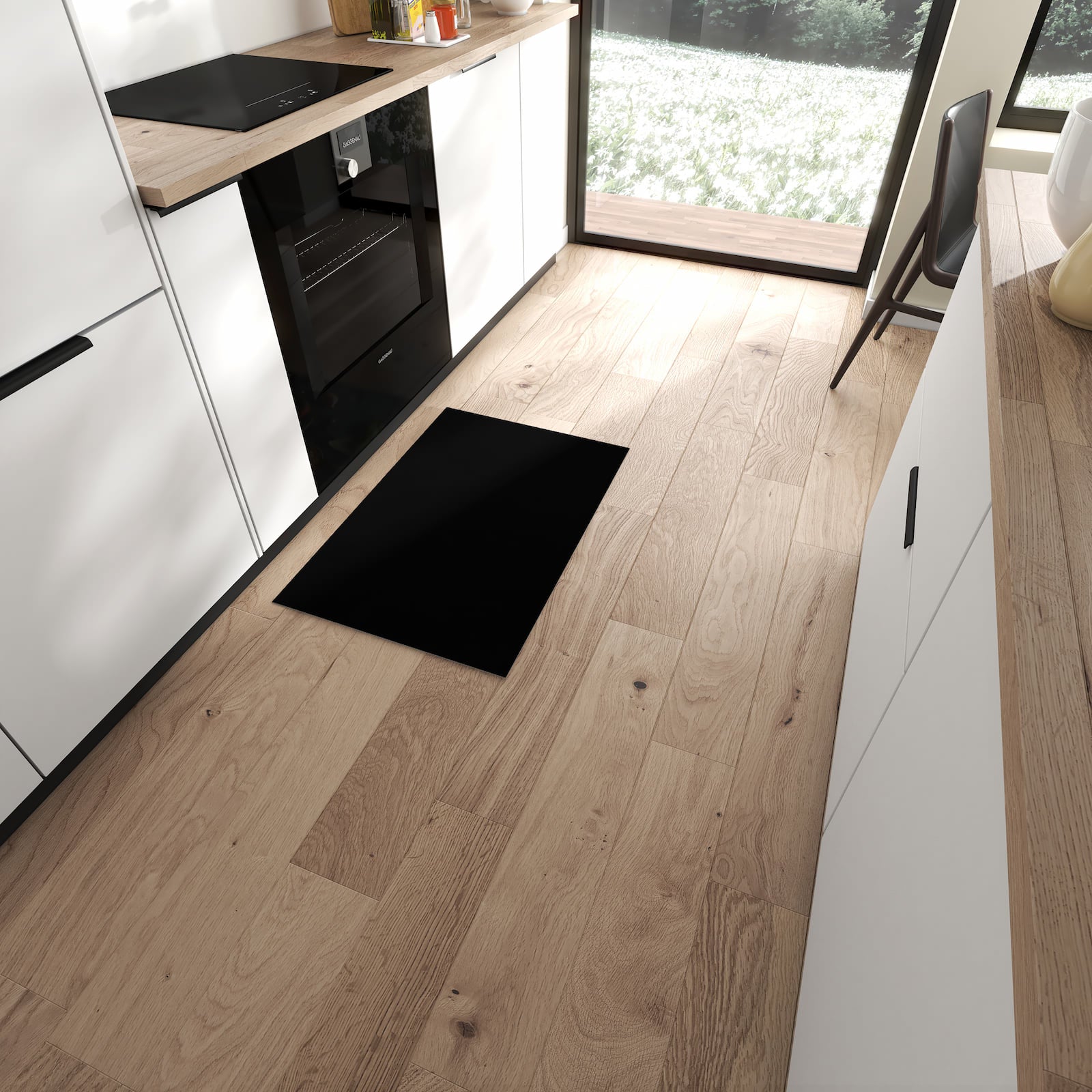 Küchenläufer mit schwarzer Hintergrund-Motiv in moderner Küche, einfache Reinigung