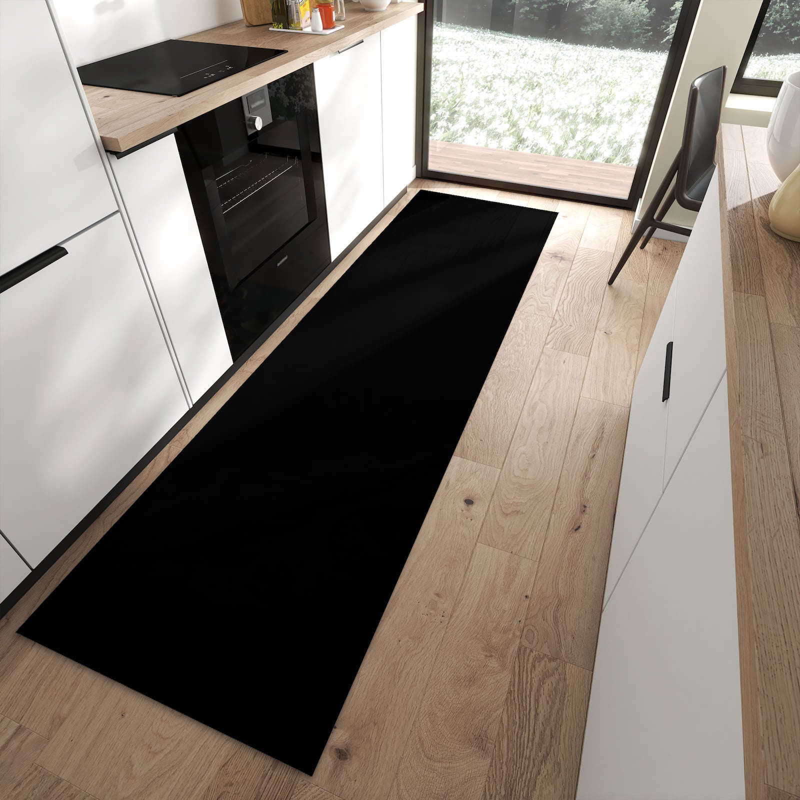 Geräuschdämpfender Küchenläufer mit schwarzer Hintergrund-Motiv in moderner Küche