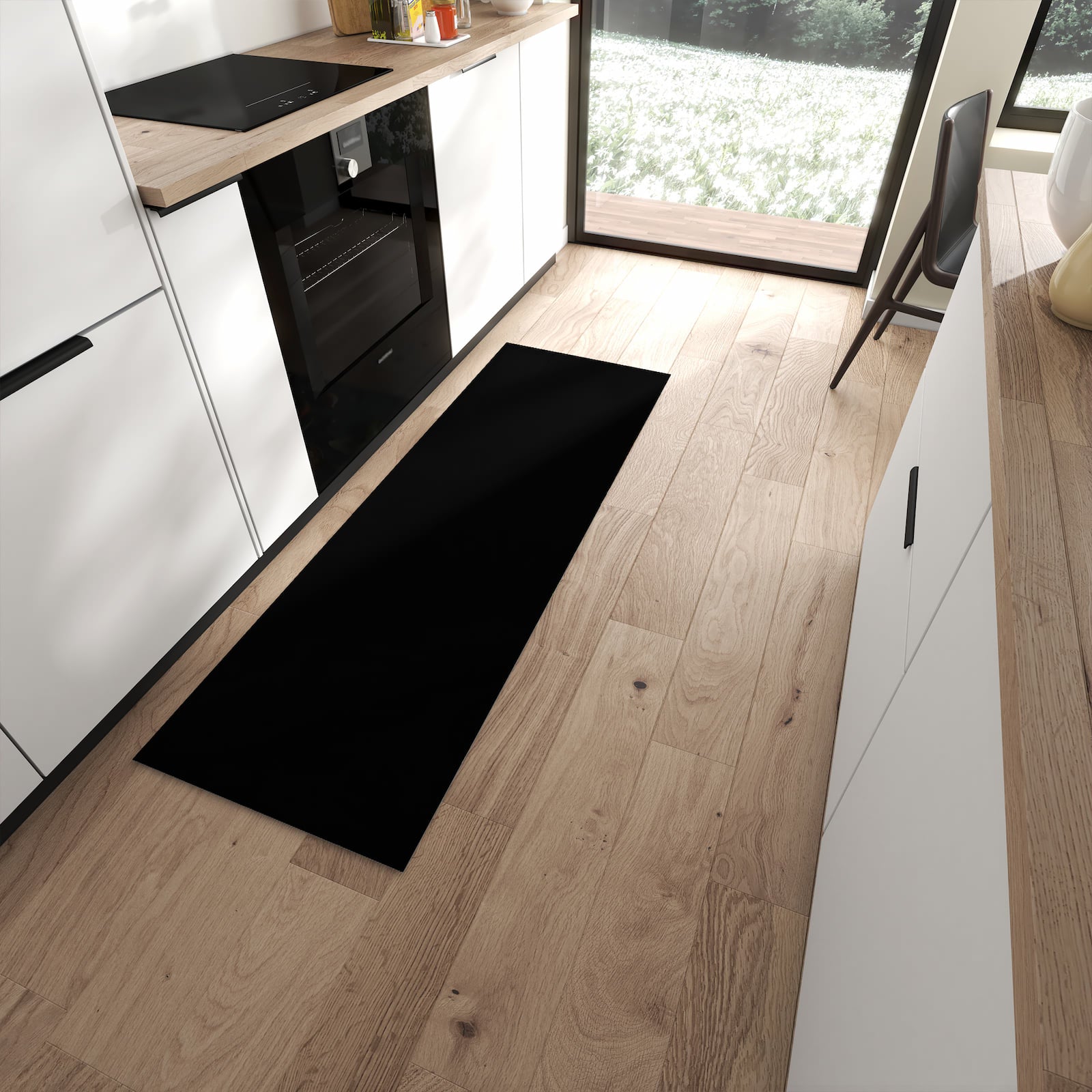 Abwaschbarer Küchenläufer mit schwarzer Hintergrund-Motiv in moderner Küche, geruchsneutral