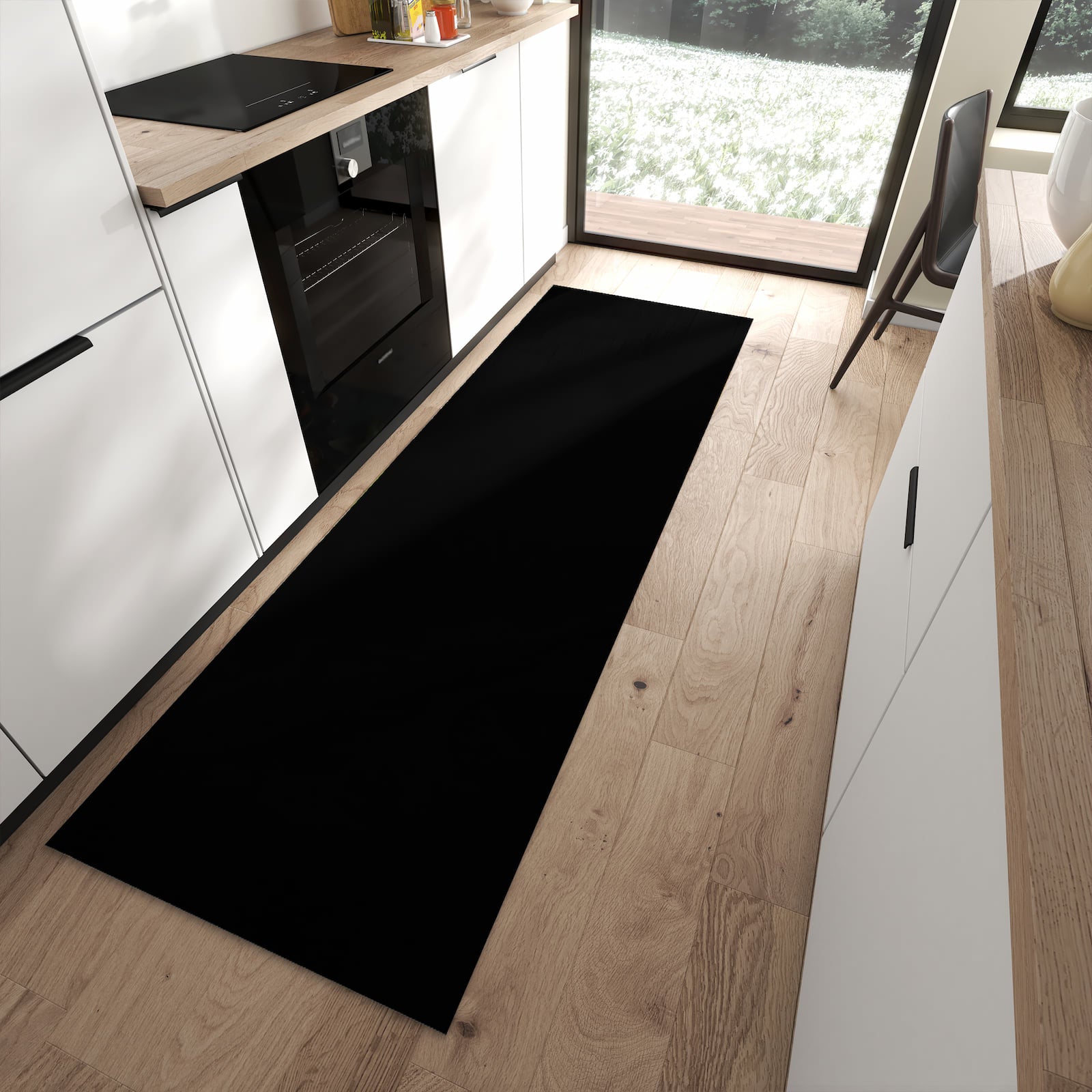 Küchenläufer mit schwarzer Hintergrund-Motiv in moderner Küche für Ordnung & Übersicht