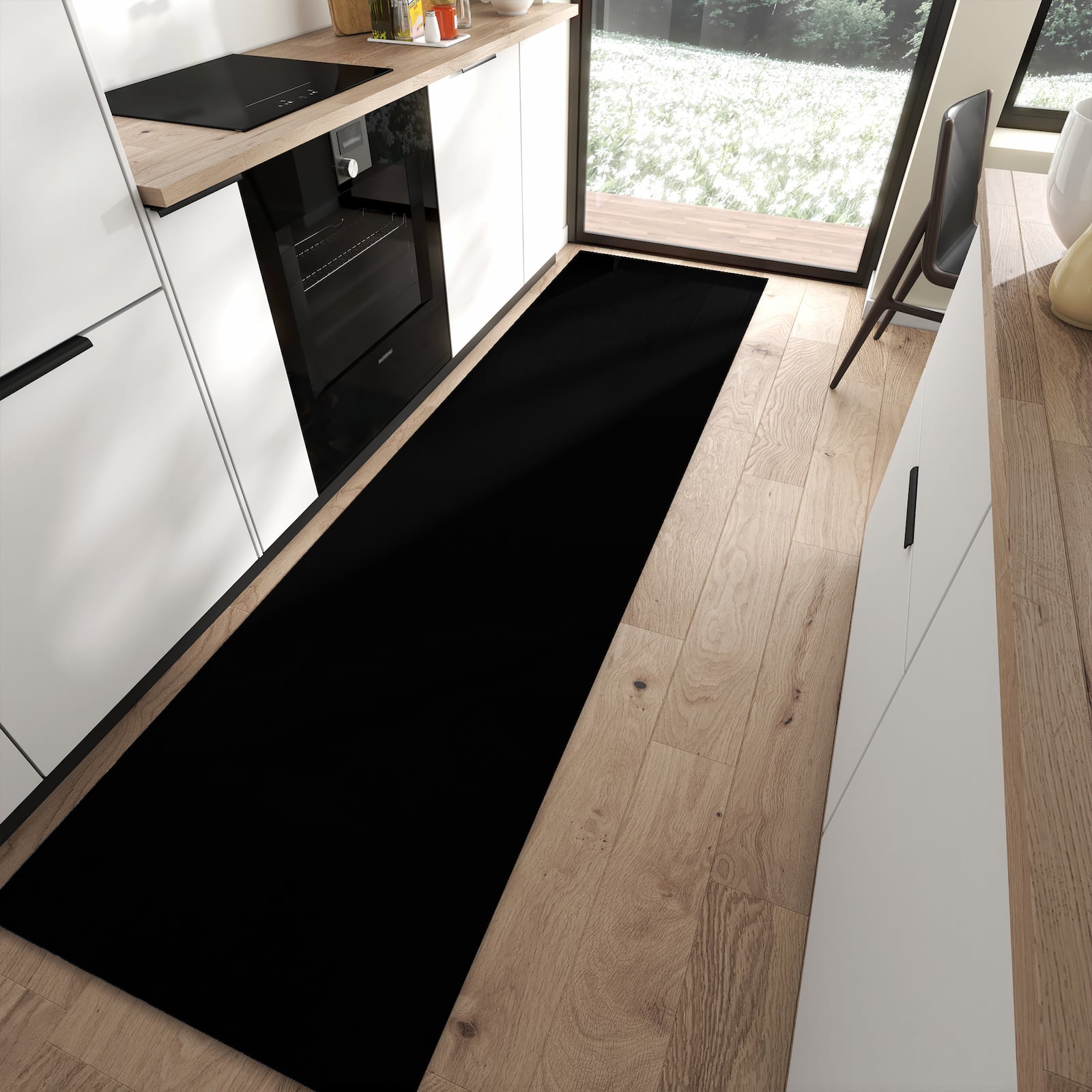 Pflegeleichter Teppich in Küche mit schwarzer Hintergrund-Motiv in moderner Küche