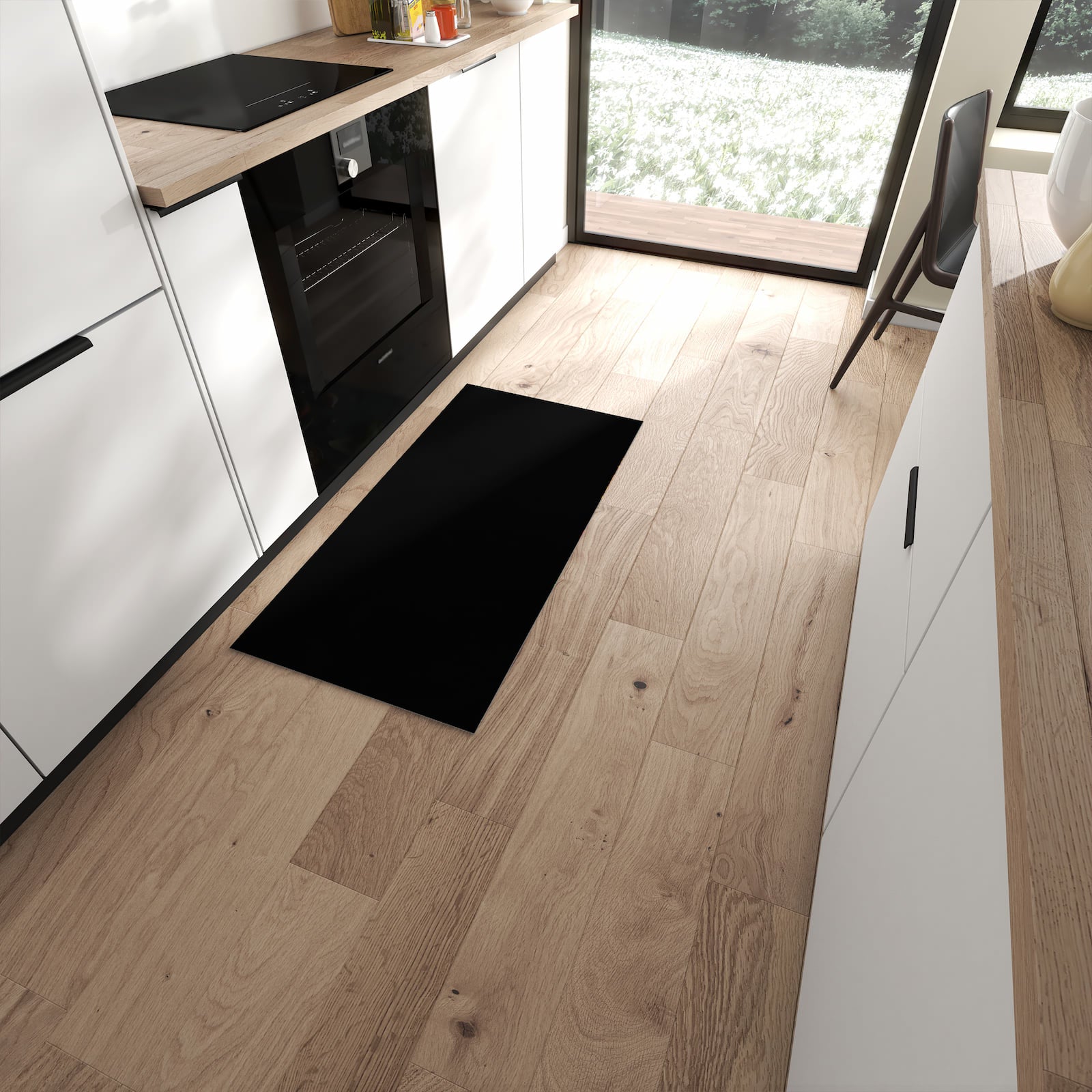 UV-beständiger Küchenläufer mit schwarzer Hintergrund-Optik in moderner Küche #grösse_60 x 120 cm