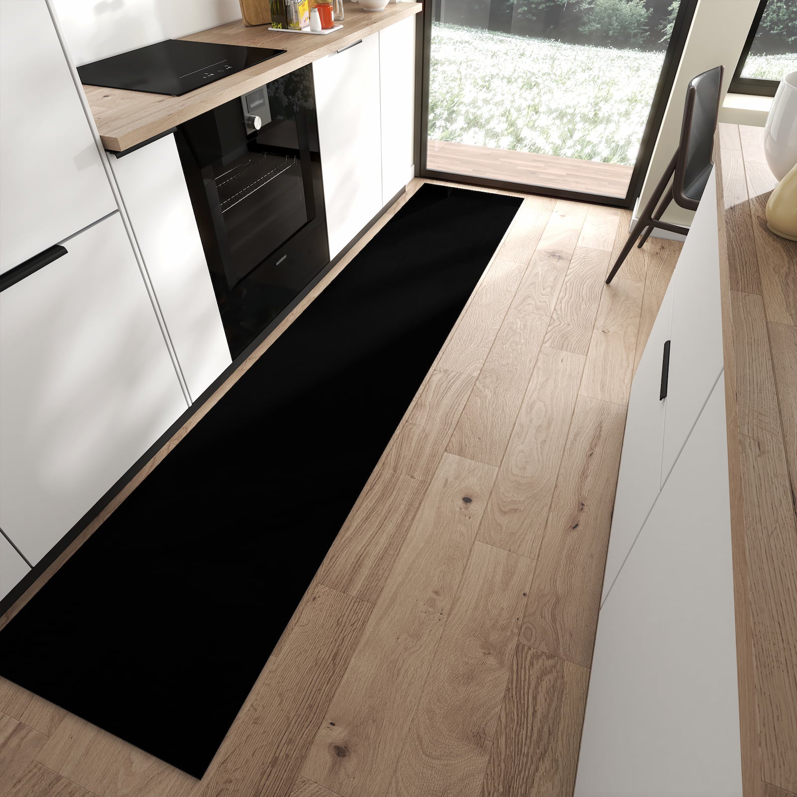 Küchenläufer mit schwarzem Hintergrund-Motiv in moderner Küche, bietet Trittkomfort