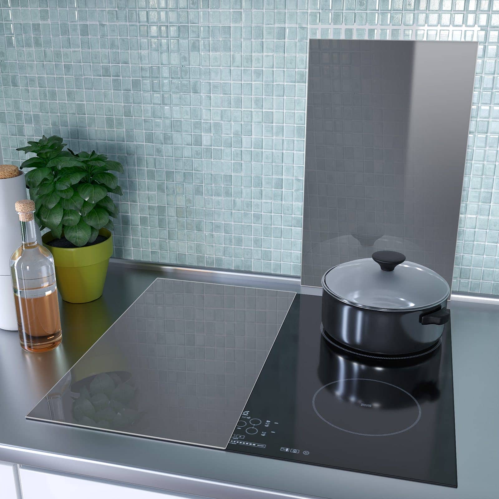 2-teilige Herdabdeckplatten für Ceranfeld mit Dunkelgrauer Hintergrund-Motiv als Spritzschutz hinter dem Kochfeld