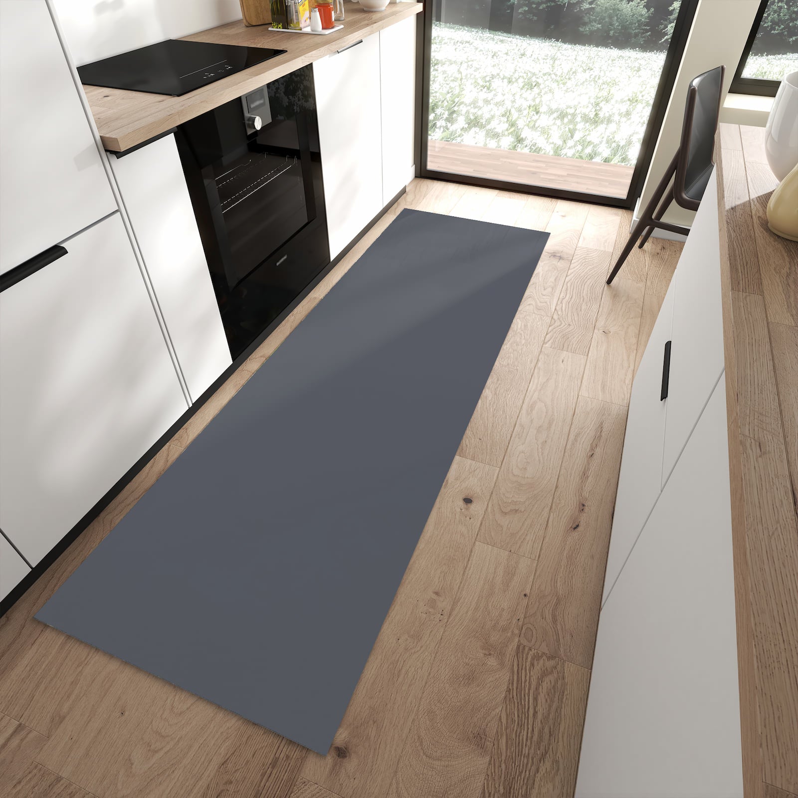 Langlebiger Küchenläufer mit dunkelgrauem Hintergrund-Motiv in moderner Küche