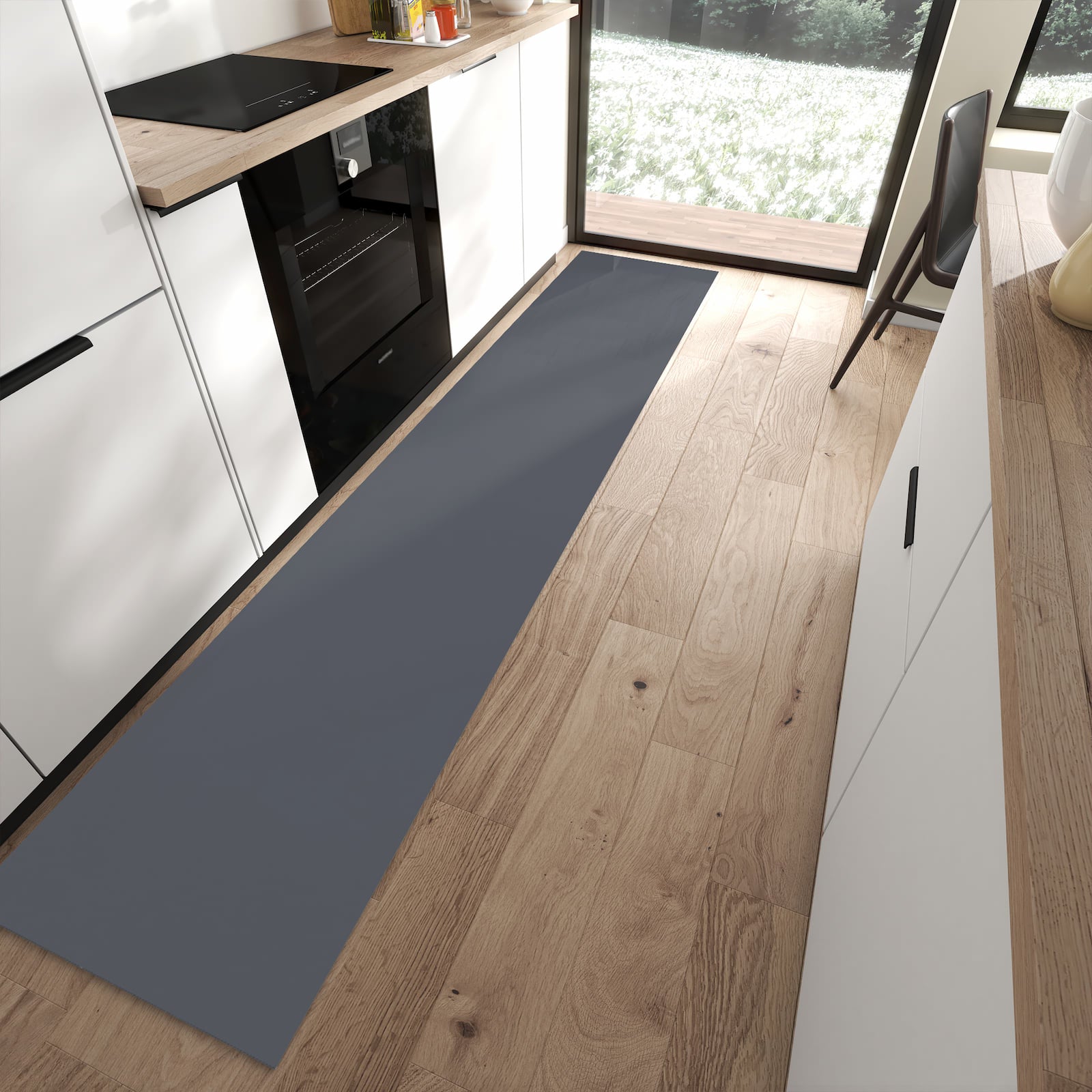 Rutschhemmender Küchenläufer mit dunkelgrauem Hintergrund-Motiv in moderner Küche