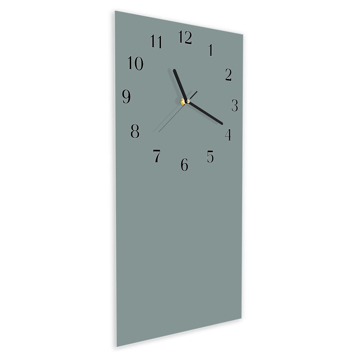 Wanduhr aus Glas im Hochformat Steingrau schräg von der Seite, 4 mm starkes Glas
